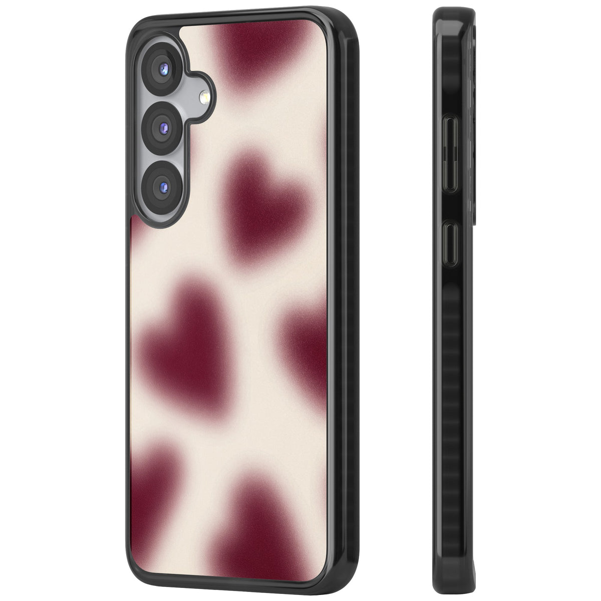 Velvet Hearts coquette iPhone case featuring blurry burgundy aura hearts on a soft cream background Samsung S25 / Samsung S25 Plus / Samsung S26 / Samsung S26 Plus Impact Black Phone Case side