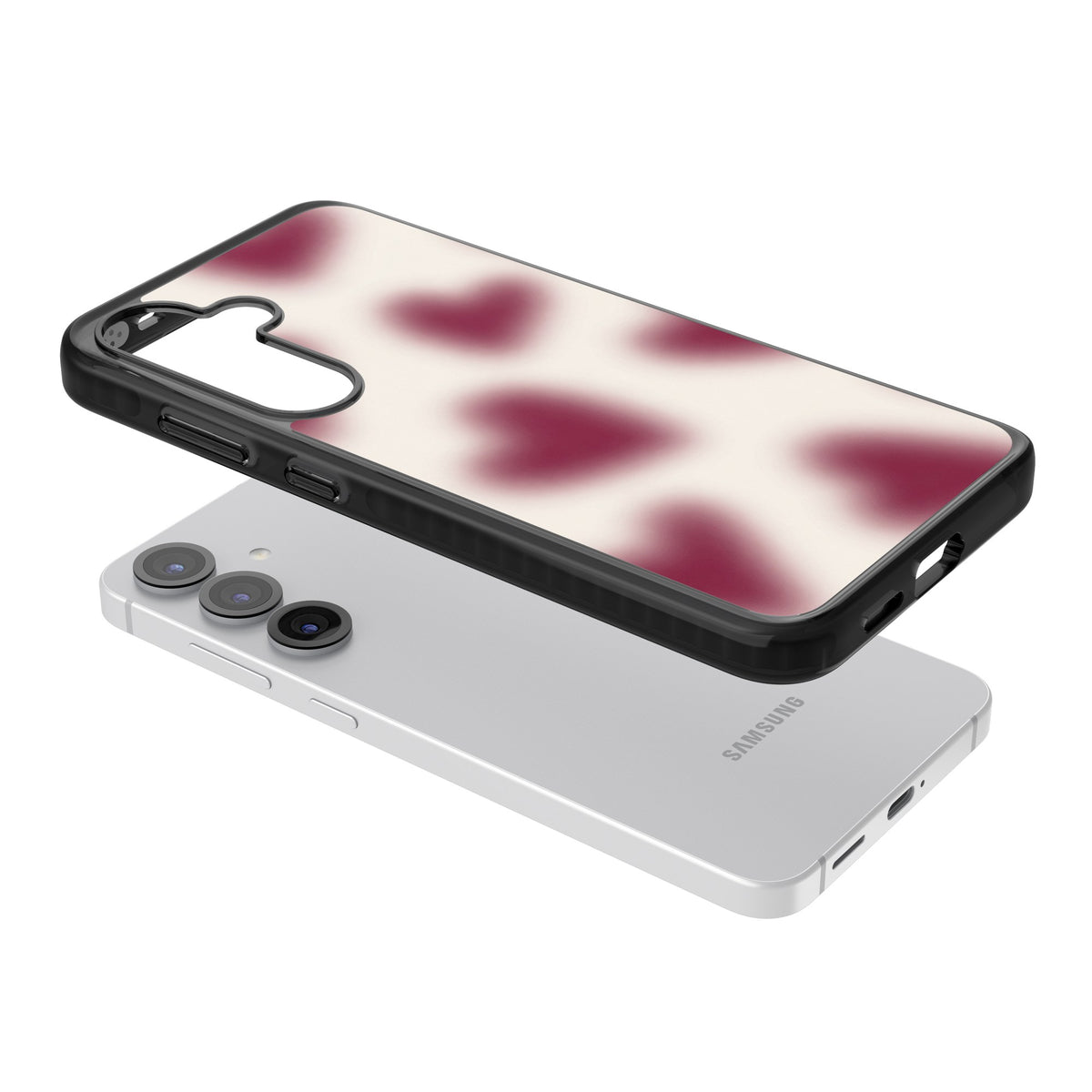 Velvet Hearts coquette iPhone case featuring blurry burgundy aura hearts on a soft cream background Samsung S25 / Samsung S25 Plus / Samsung S26 / Samsung S26 Plus Impact Black Phone Case angled
