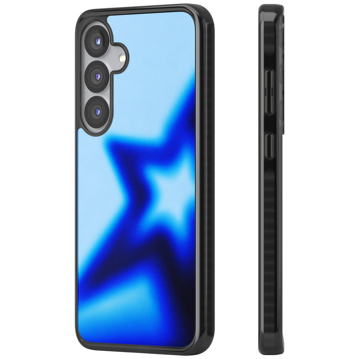 Electric Y2K iPhone case featuring a blurred blue aura star, deep cobalt glow and soft sky-blue gradient Samsung S25 / Samsung S25 Plus / Samsung S26 / Samsung S26 Plus Impact Black Phone Case side