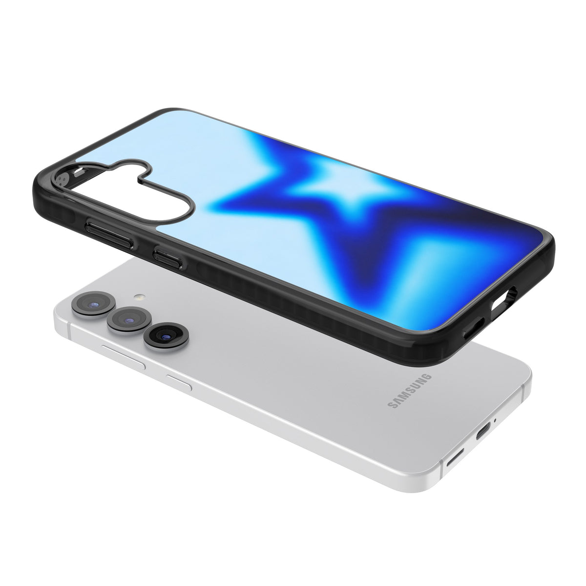 Electric Y2K iPhone case featuring a blurred blue aura star, deep cobalt glow and soft sky-blue gradient Samsung S25 / Samsung S25 Plus / Samsung S26 / Samsung S26 Plus Impact Black Phone Case angled