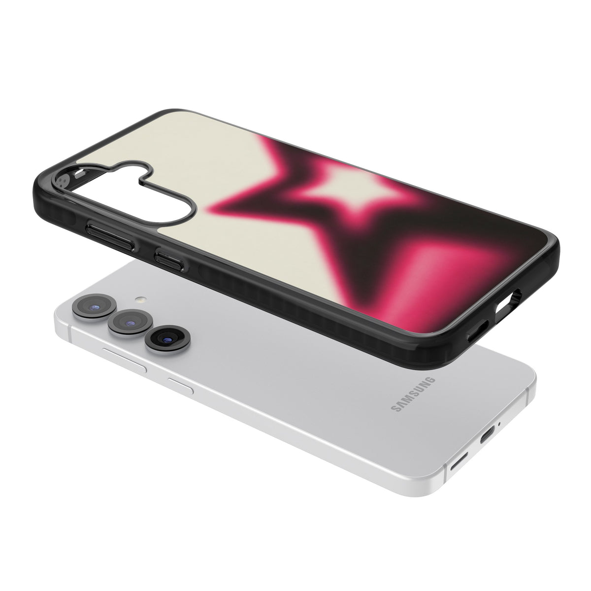 Rouge Y2K iPhone case featuring a blurred aura star in hot pink and black on a soft cream background Samsung S25 / Samsung S25 Plus / Samsung S26 / Samsung S26 Plus Impact Black Phone Case angled