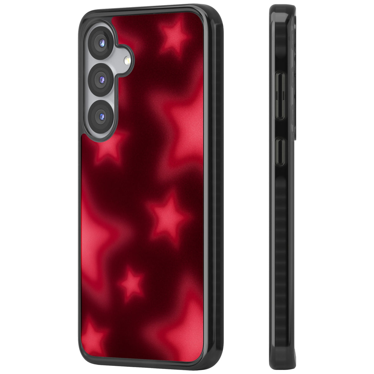 Afterglow Y2K iPhone case featuring blurred red aura stars, a dark crimson gradient and soft glowing haze Samsung S25 / Samsung S25 Plus / Samsung S26 / Samsung S26 Plus Impact Black Phone Case side