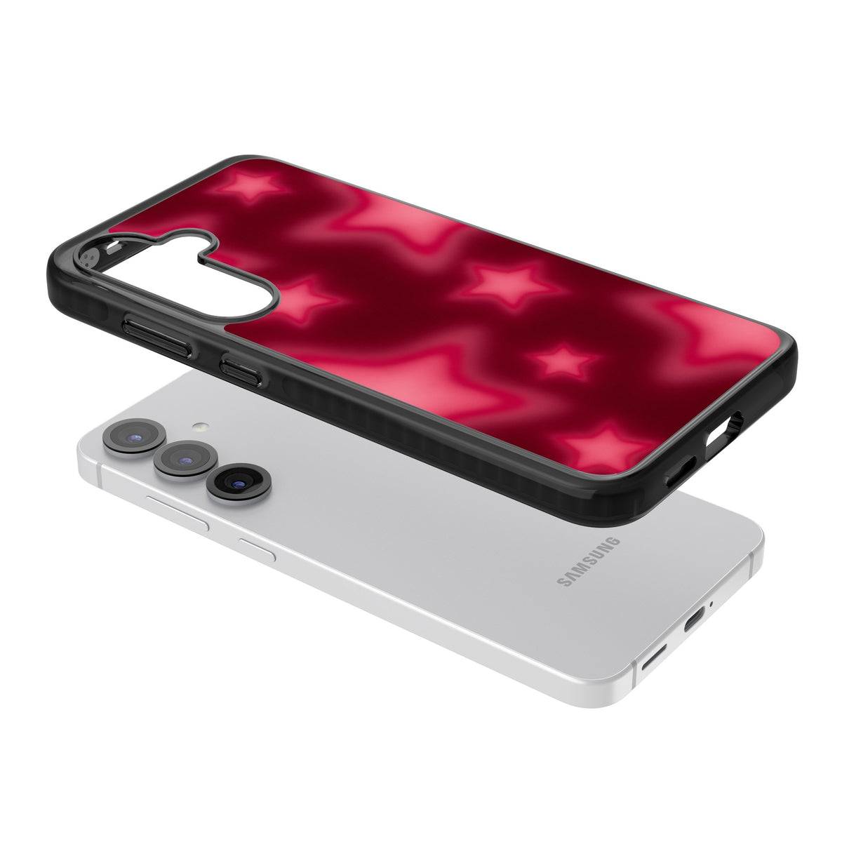 Afterglow Y2K iPhone case featuring blurred red aura stars, a dark crimson gradient and soft glowing haze Samsung S25 / Samsung S25 Plus / Samsung S26 / Samsung S26 Plus Impact Black Phone Case angled