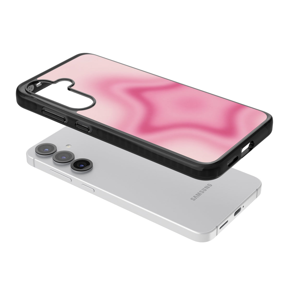 Blush pinkcore iPhone case featuring a blurred fuchsia aura star on a soft pink gradient Samsung S25 / Samsung S25 Plus / Samsung S26 / Samsung S26 Plus Impact Black Phone Case angled