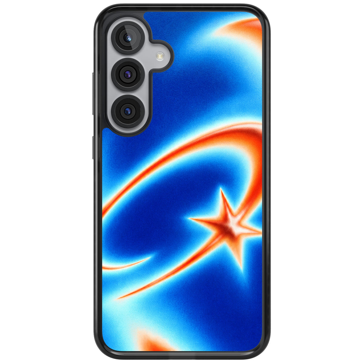Starburn Y2K iPhone case featuring a glowing orange shooting star, sweeping comet trail and cobalt blue aura gradient Samsung S25 Plus / Samsung S26 / Samsung S26 Plus Impact Black Phone Case front