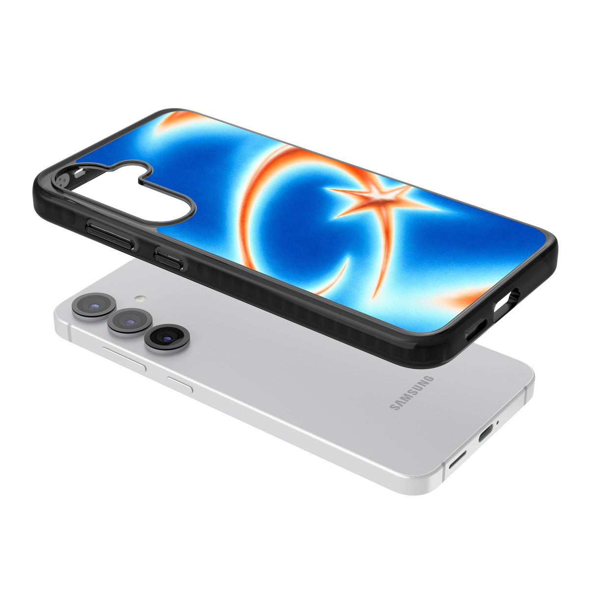 Starburn Y2K iPhone case featuring a glowing orange shooting star, sweeping comet trail and cobalt blue aura gradient Samsung S25 / Samsung S25 Plus / Samsung S26 / Samsung S26 Plus Impact Black Phone Case angled