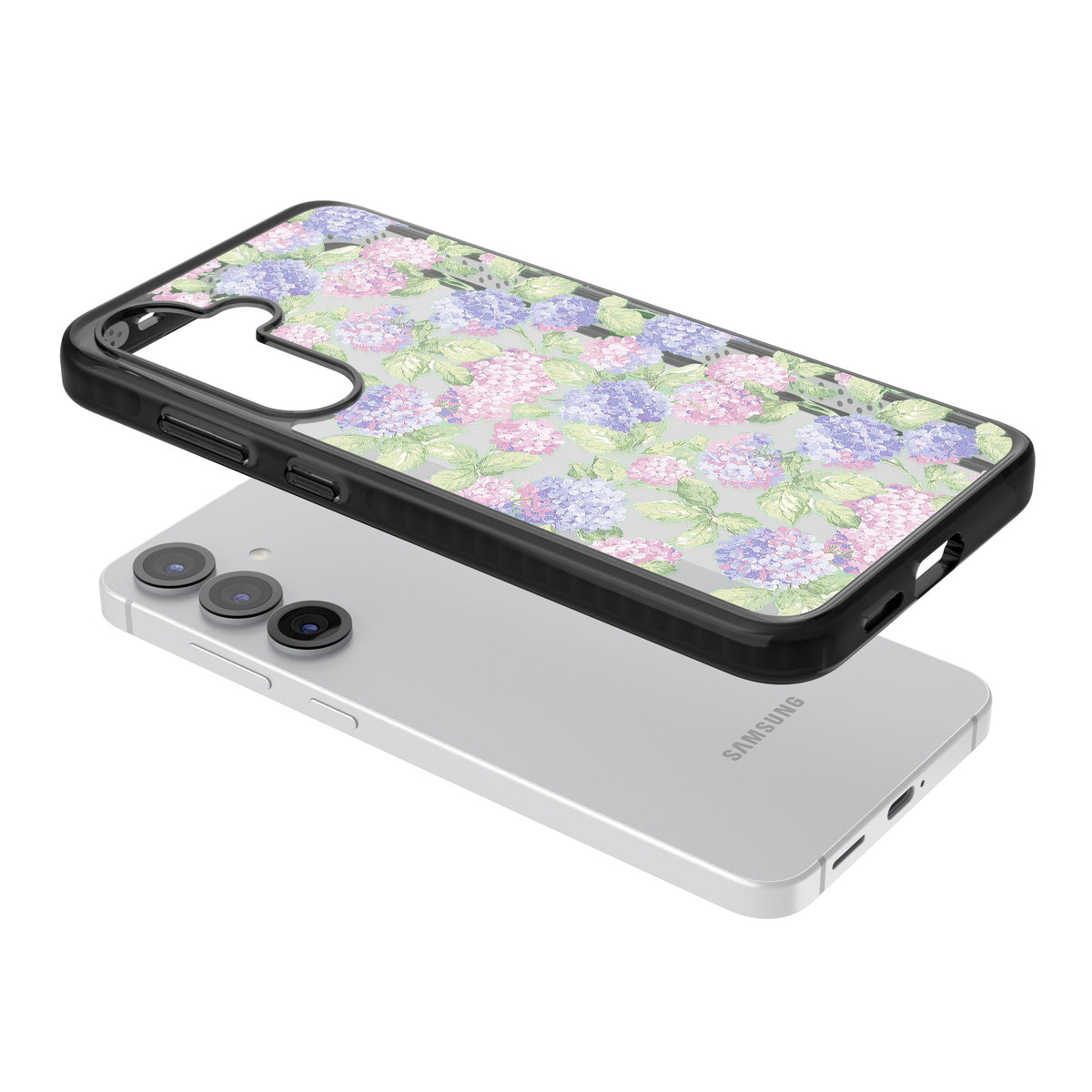Cottage Hydrangea Samsung S25 / Samsung S25 Plus / Samsung S26 / Samsung S26 Plus Impact Black Phone Case angled