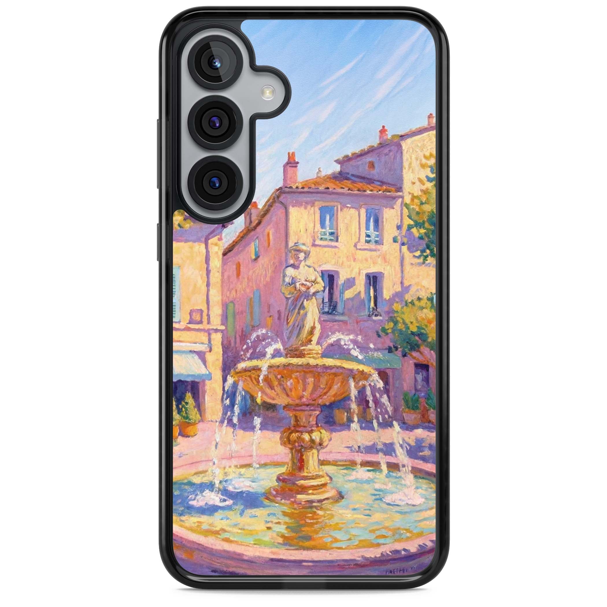 Fountain Square fine art iPhone case featuring an impressionist Provençal fountain, pastel village buildings and summe | Black Impact case for Samsung Galaxy S25, Samsung Galaxy S25 Plus