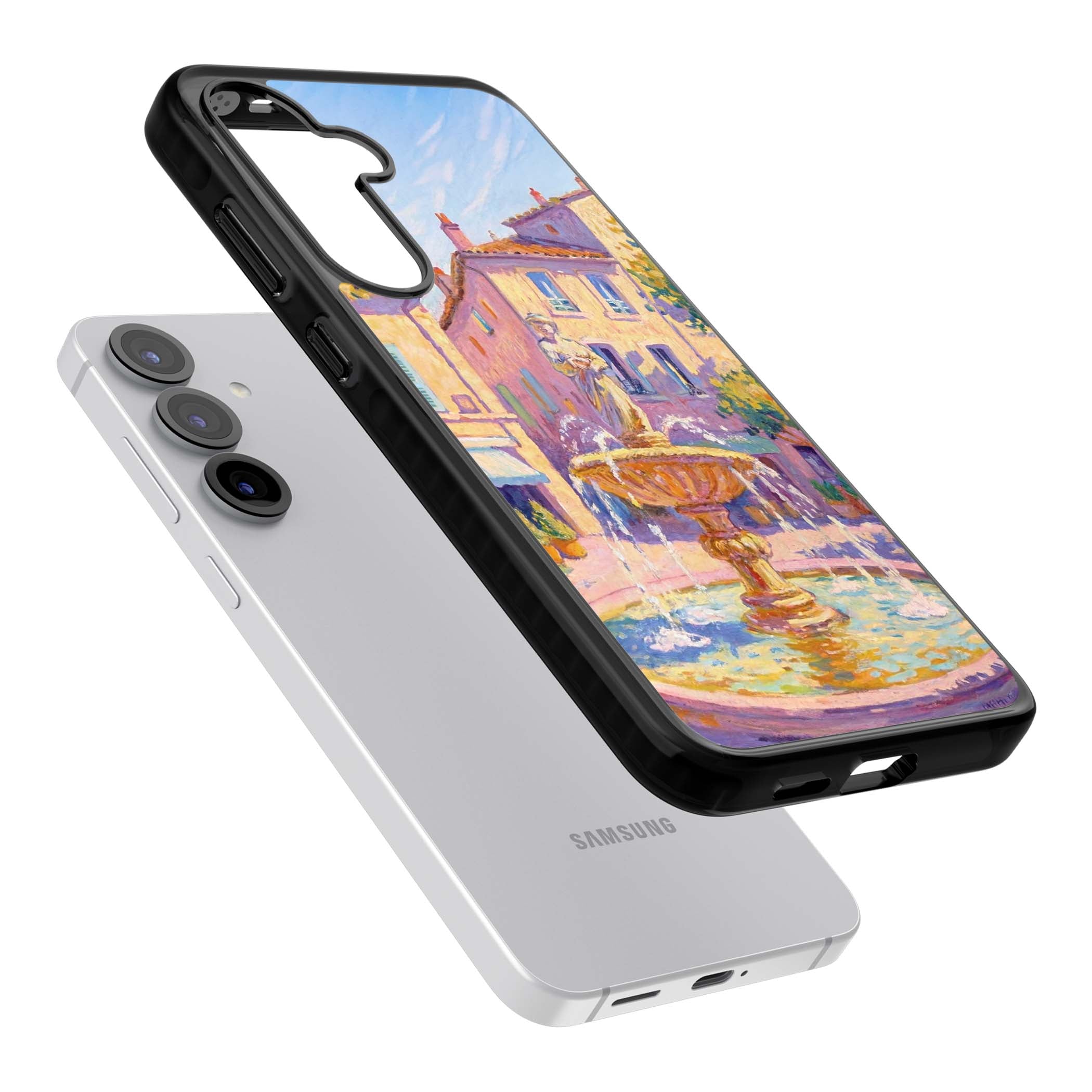 Fountain Square fine art iPhone case featuring an impressionist Provençal fountain, pastel village buildings and summe | Black Impact case for Samsung Galaxy S25, Samsung Galaxy S25 Plus