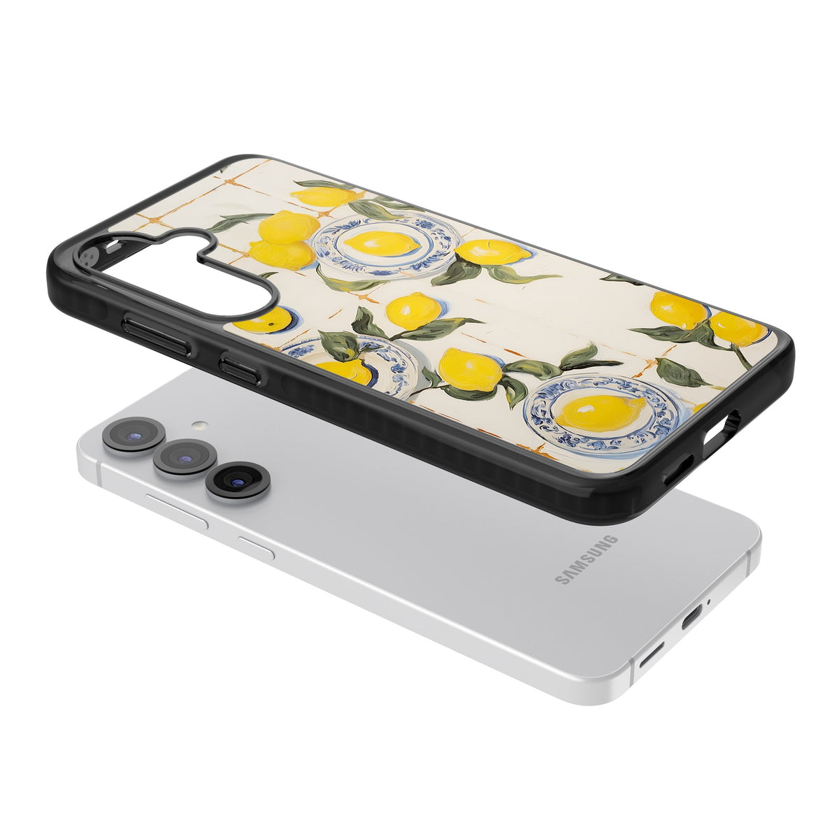 Lemons & Porcelain Samsung S25 / Samsung S25 Plus / Samsung S26 / Samsung S26 Plus Impact Black Phone Case angled