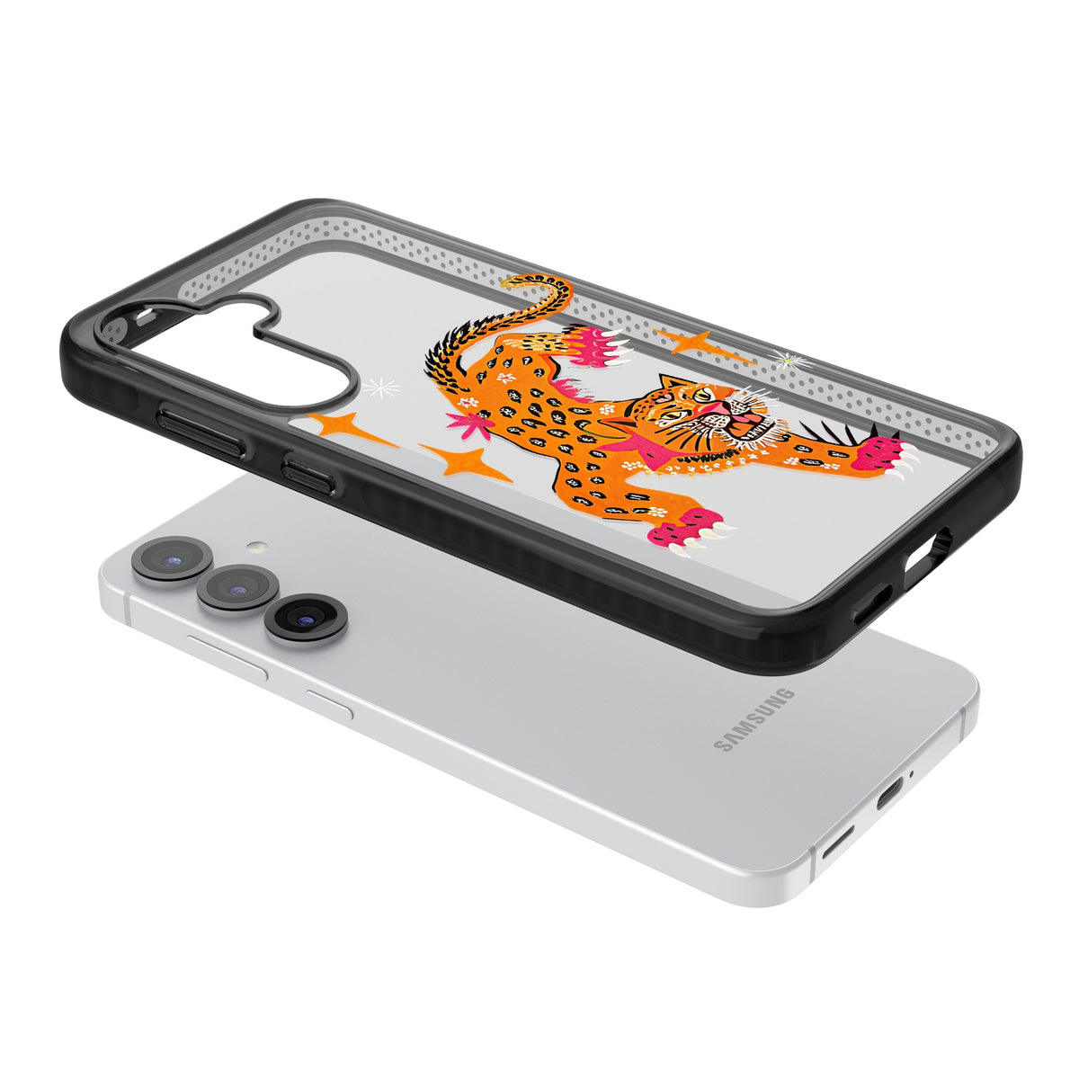 Fierce Jaguar Clear Samsung S25 / Samsung S25 Plus / Samsung S26 / Samsung S26 Plus Impact Black Phone Case angled