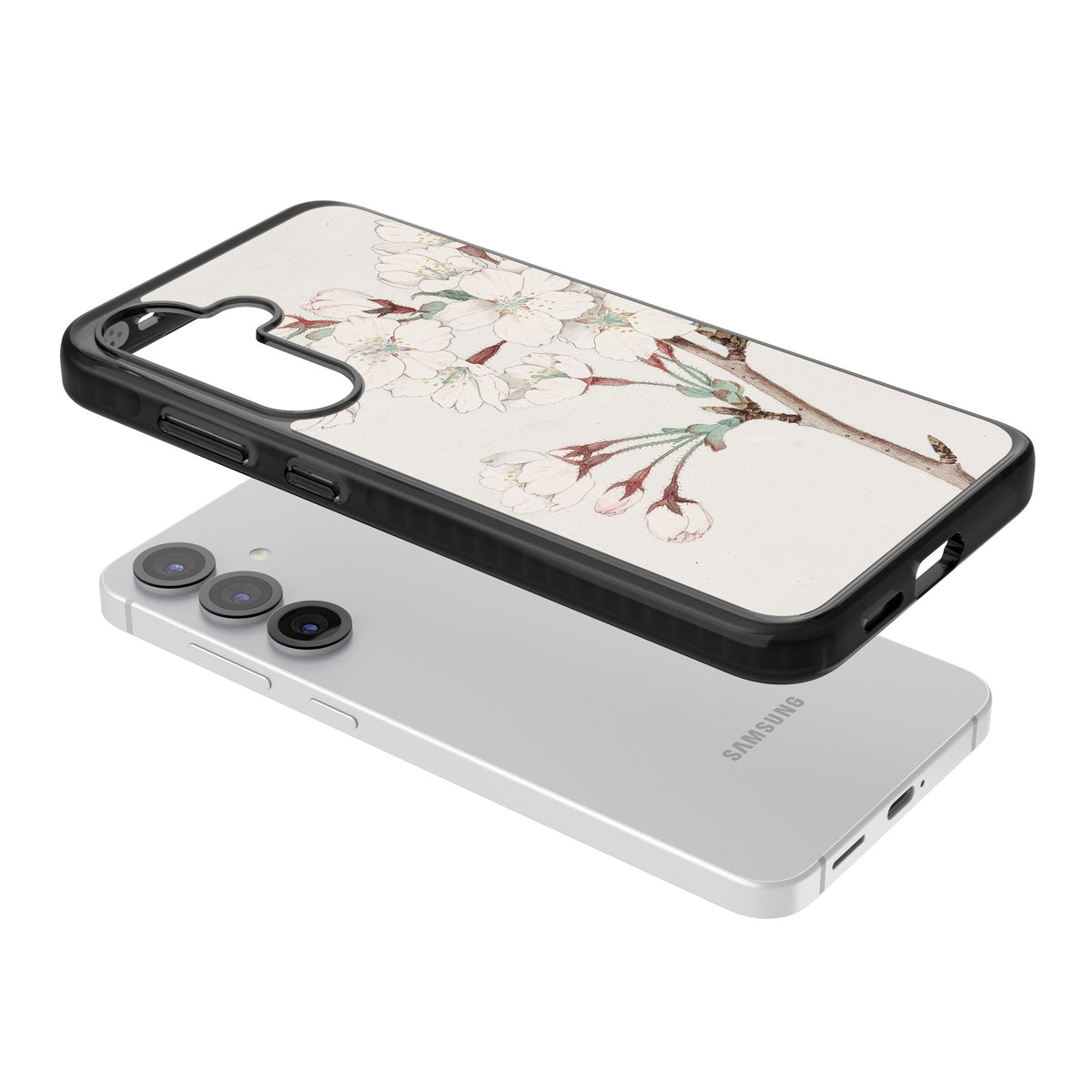 Vintage Japanese White Blossoms Samsung S25 / Samsung S25 Plus / Samsung S26 / Samsung S26 Plus Impact Black Phone Case angled