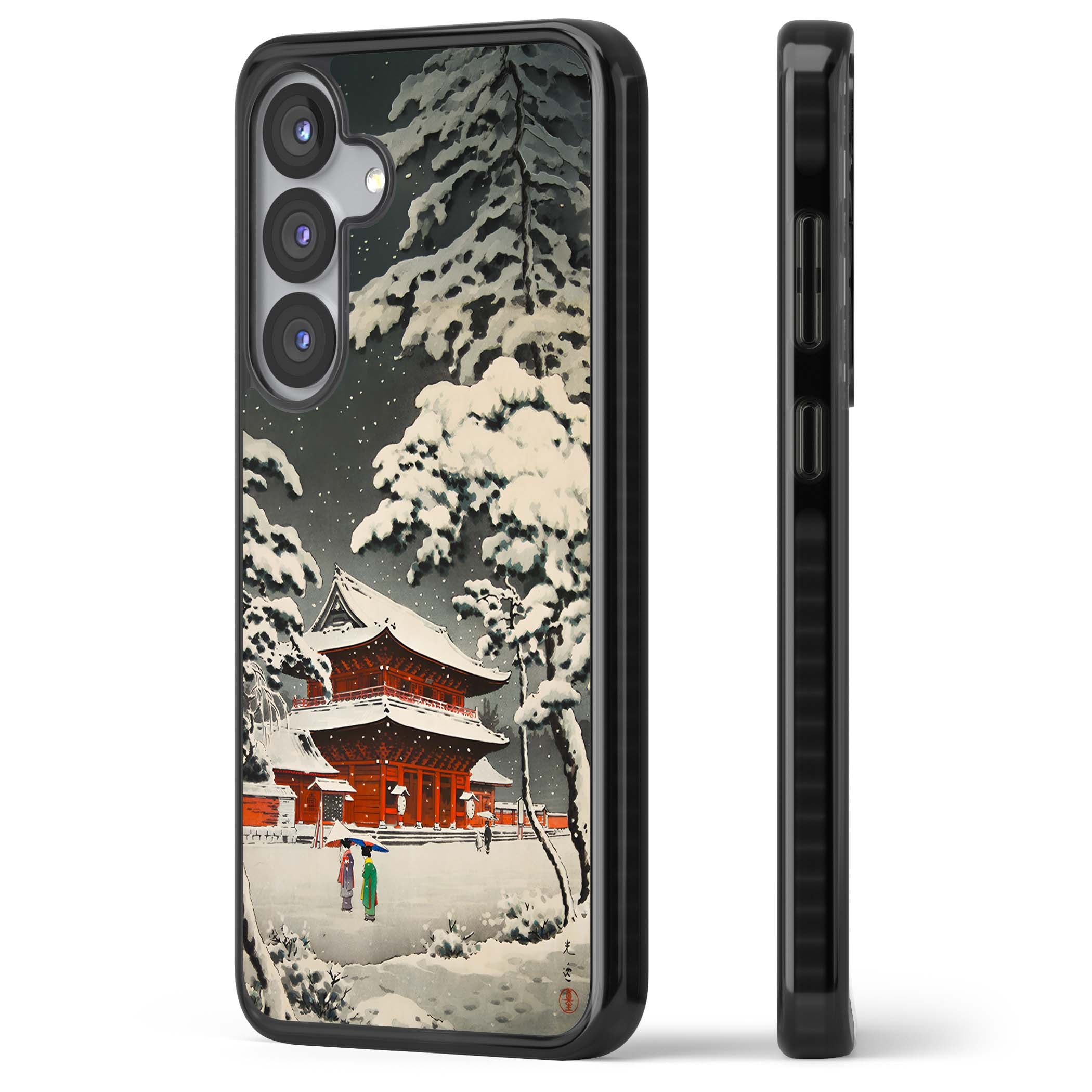 Snow at Shiha Park, Tokyo Japanese art iPhone case featuring a vintage ukiyo-e snowy temple, red pagoda, and snow-covered pin | Black Impact case for Samsung Galaxy S25, Samsung Galaxy S25 Plus