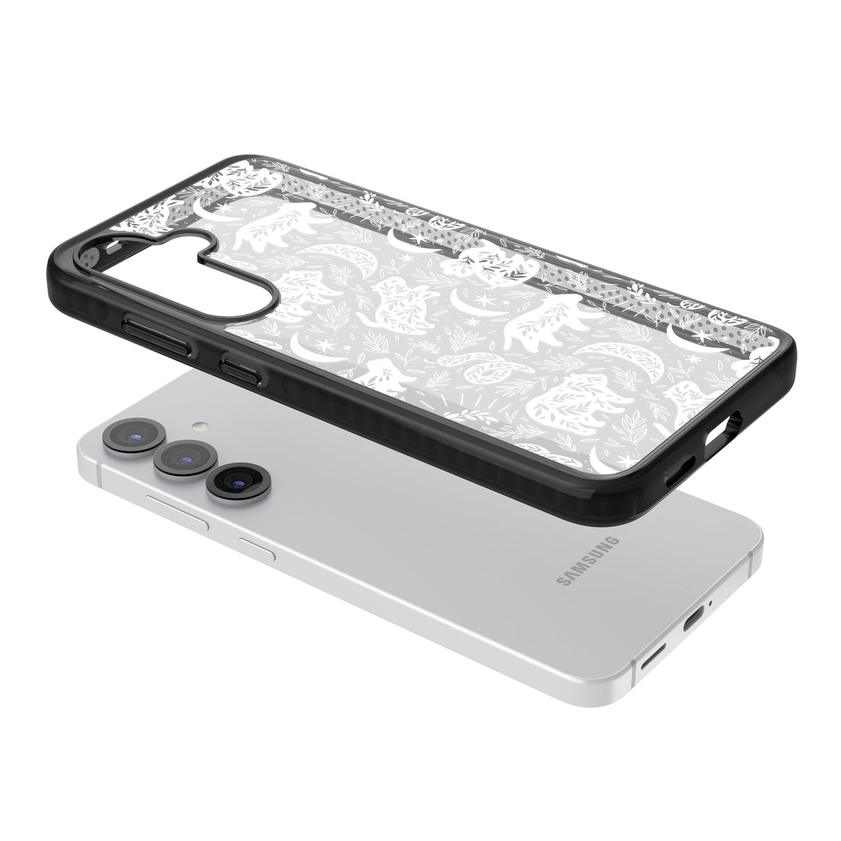 Forest Animal Silhouettes: White/Clear Samsung S25 / Samsung S25 Plus / Samsung S26 / Samsung S26 Plus Impact Black Phone Case angled