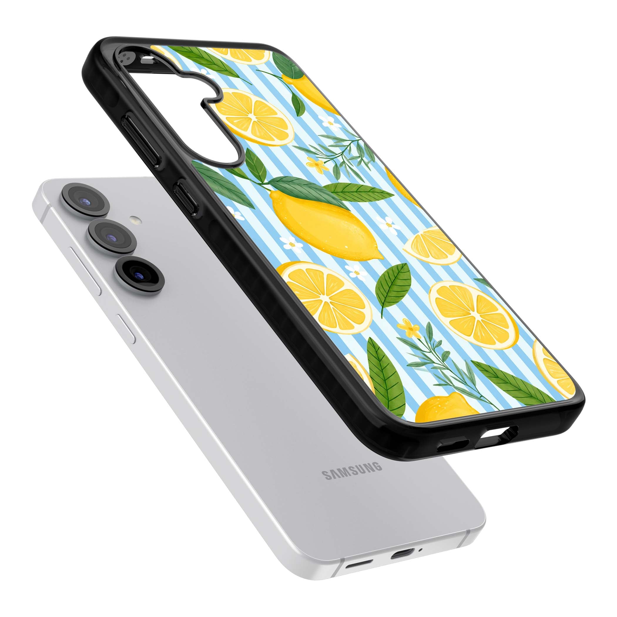 Capri Citrus Stripe coastal iPhone case featuring yellow lemons, blue stripes, and white daisy blossoms | Black Impact case for Samsung Galaxy S25, Samsung Galaxy S25 Plus