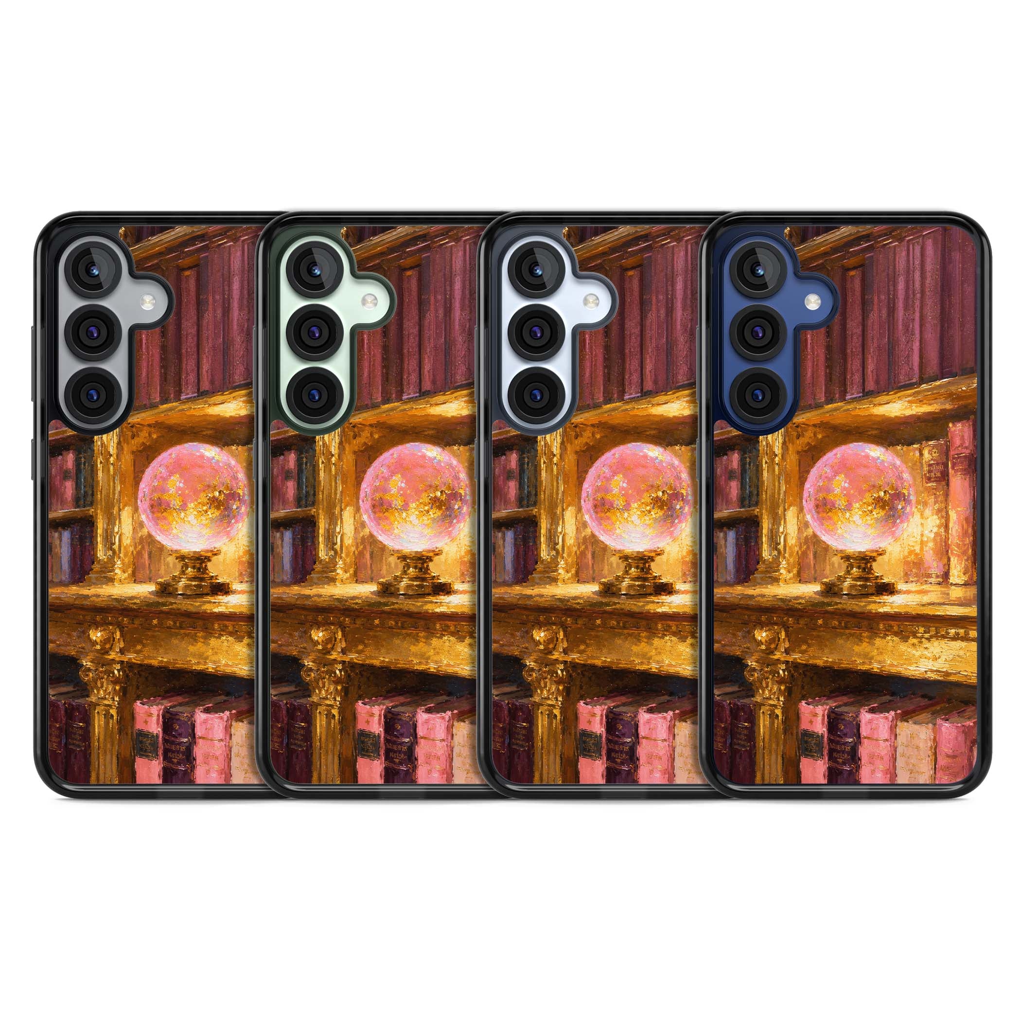Gilded Library dark academia iPhone case featuring an oil painted crystal ball on a gilded library shelf with vintage | Black Impact case for Samsung Galaxy S25, Samsung Galaxy S25 Plus