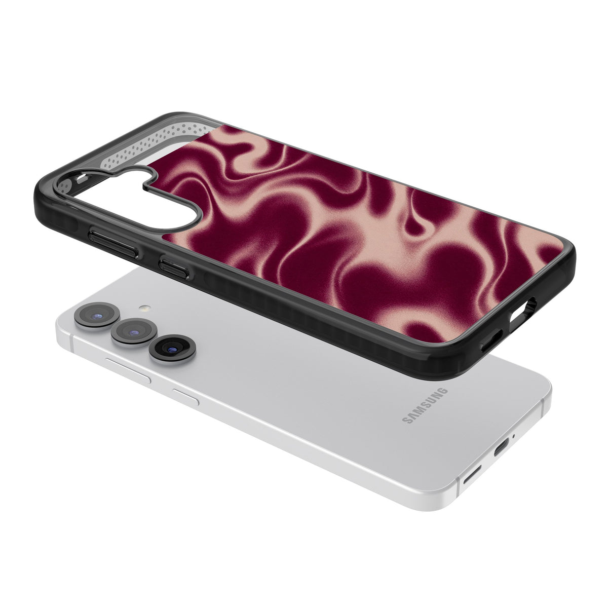 Merlot Sand abstract iPhone case featuring burgundy liquid satin waves, rose-gold highlights and silky folds Samsung S25 / Samsung S25 Plus / Samsung S26 / Samsung S26 Plus Impact Black Phone Case angled