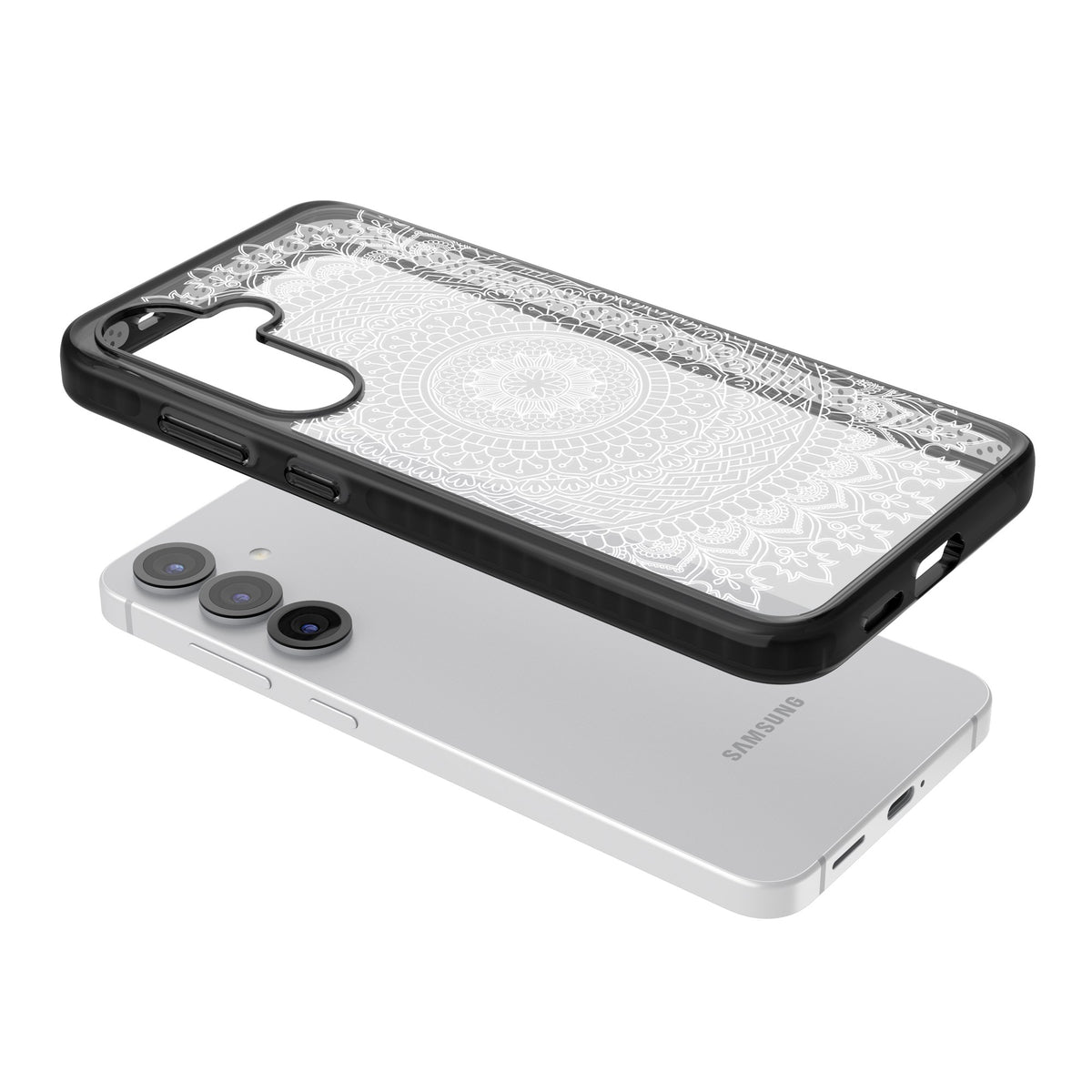 White Mandala Samsung S25 / Samsung S25 Plus / Samsung S26 / Samsung S26 Plus Impact Black Phone Case angled