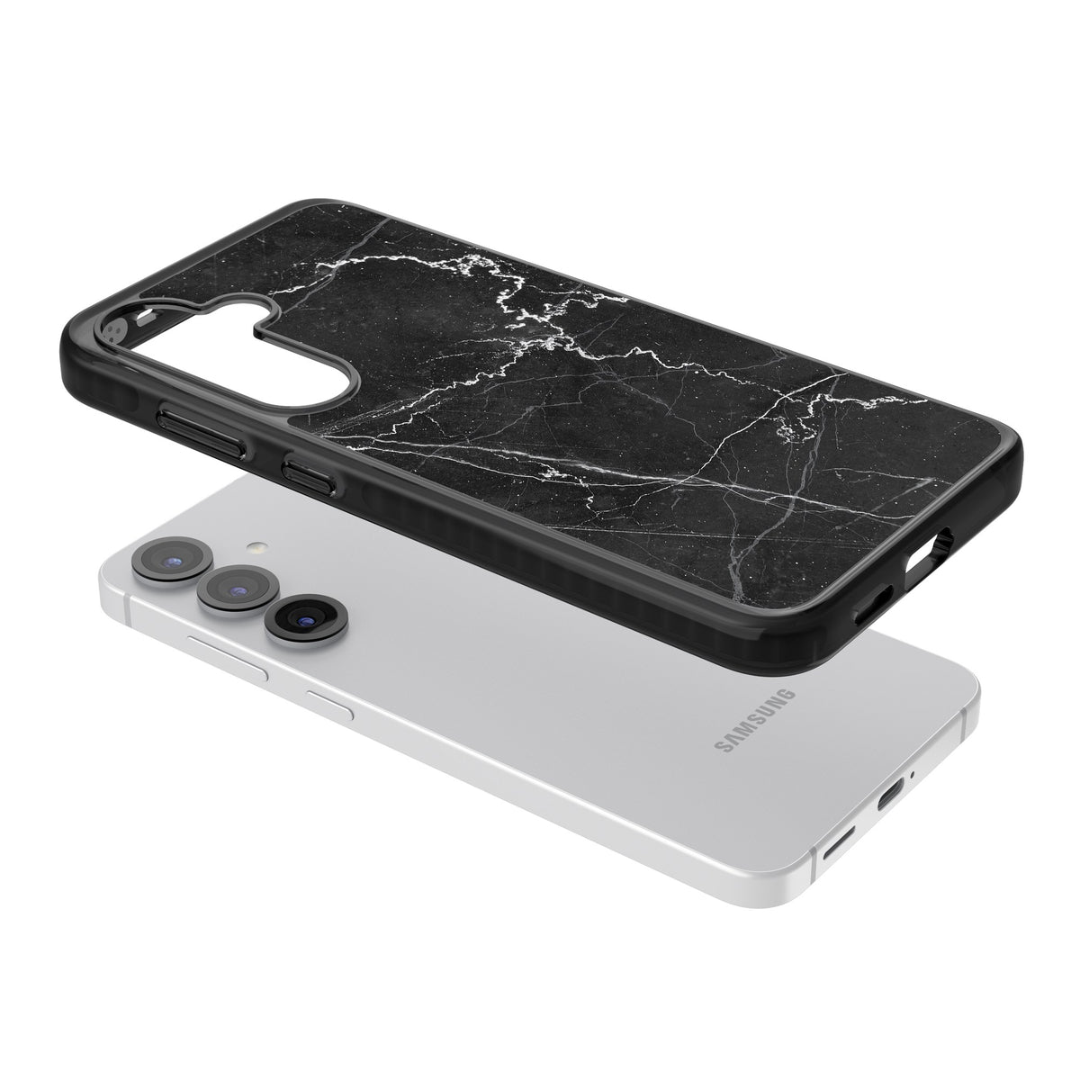 Bold Black Marble With White Texture Samsung S25 / Samsung S25 Plus / Samsung S26 / Samsung S26 Plus Impact Black Phone Case angled