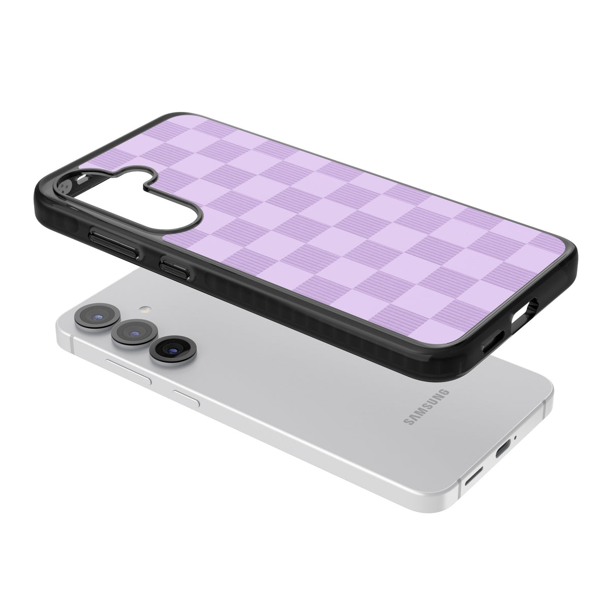 Lilac Checkered Samsung S25 / Samsung S25 Plus / Samsung S26 / Samsung S26 Plus Impact Black Phone Case angled