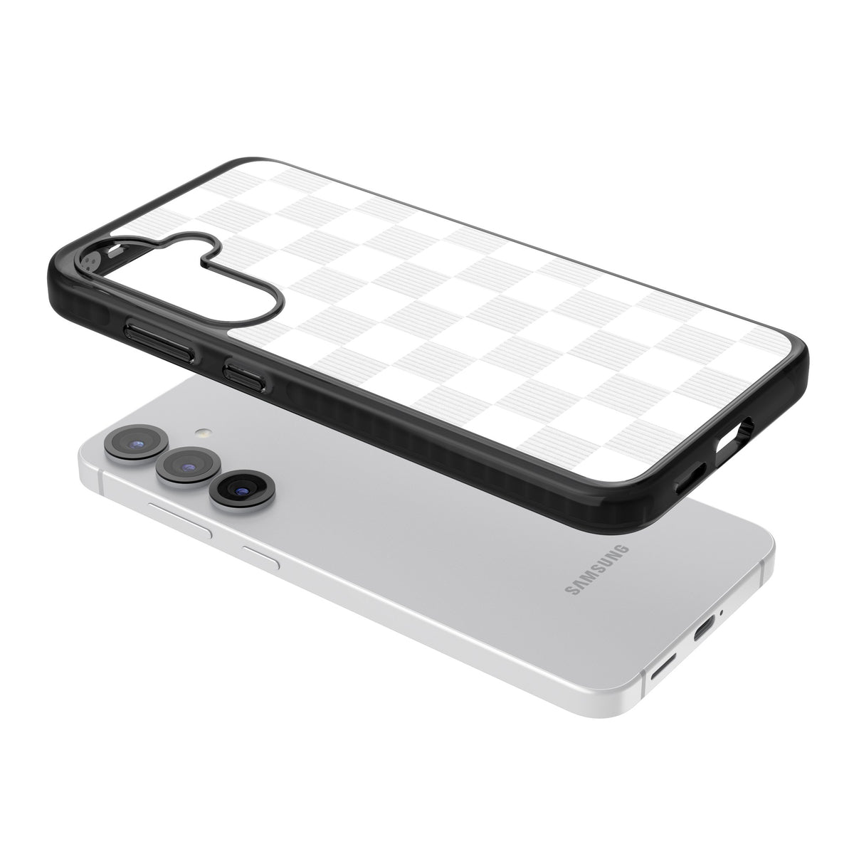 White Checkered Samsung S25 / Samsung S25 Plus / Samsung S26 / Samsung S26 Plus Impact Black Phone Case angled