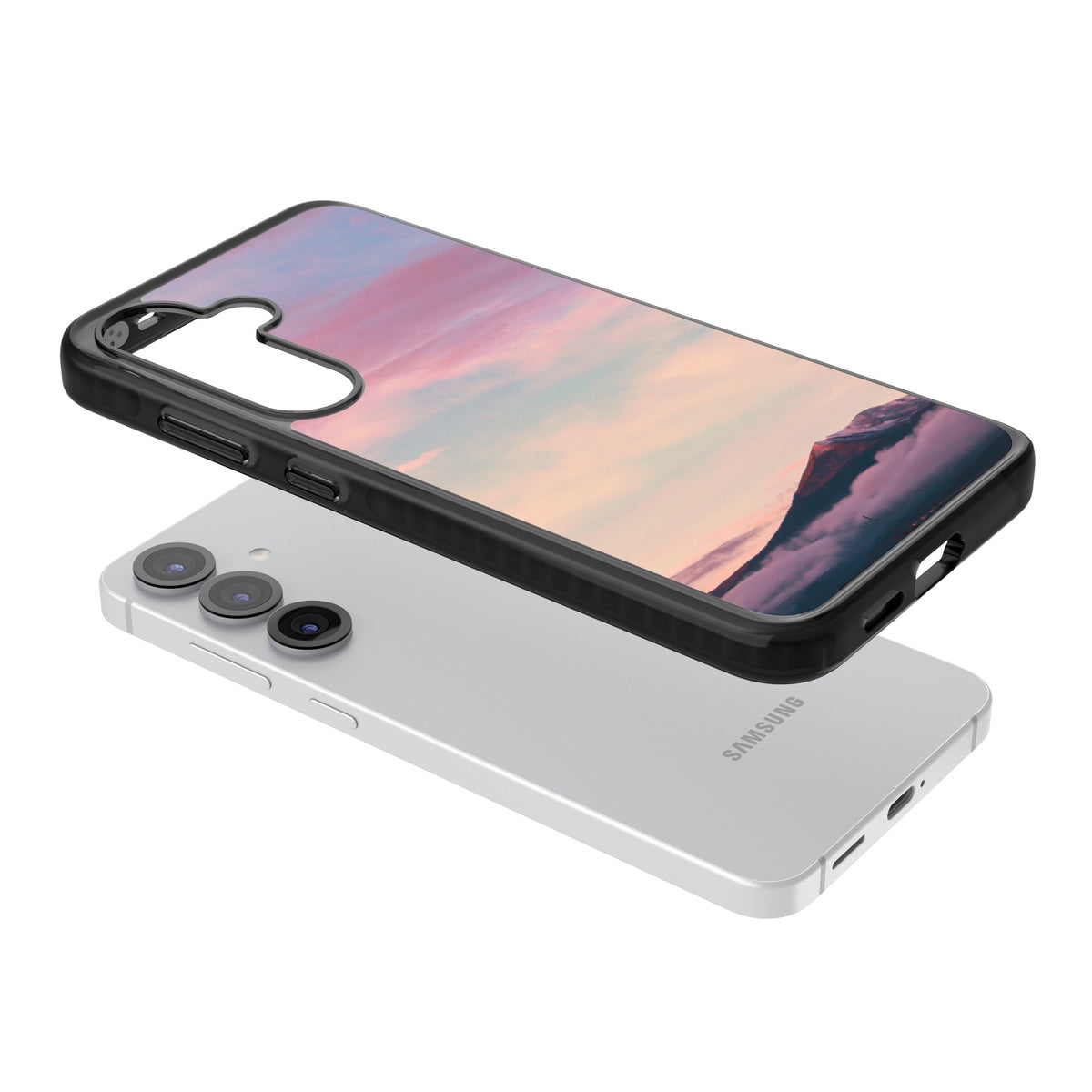 Pastel Mountain Sunset Samsung S25 / Samsung S25 Plus / Samsung S26 / Samsung S26 Plus Impact Black Phone Case angled