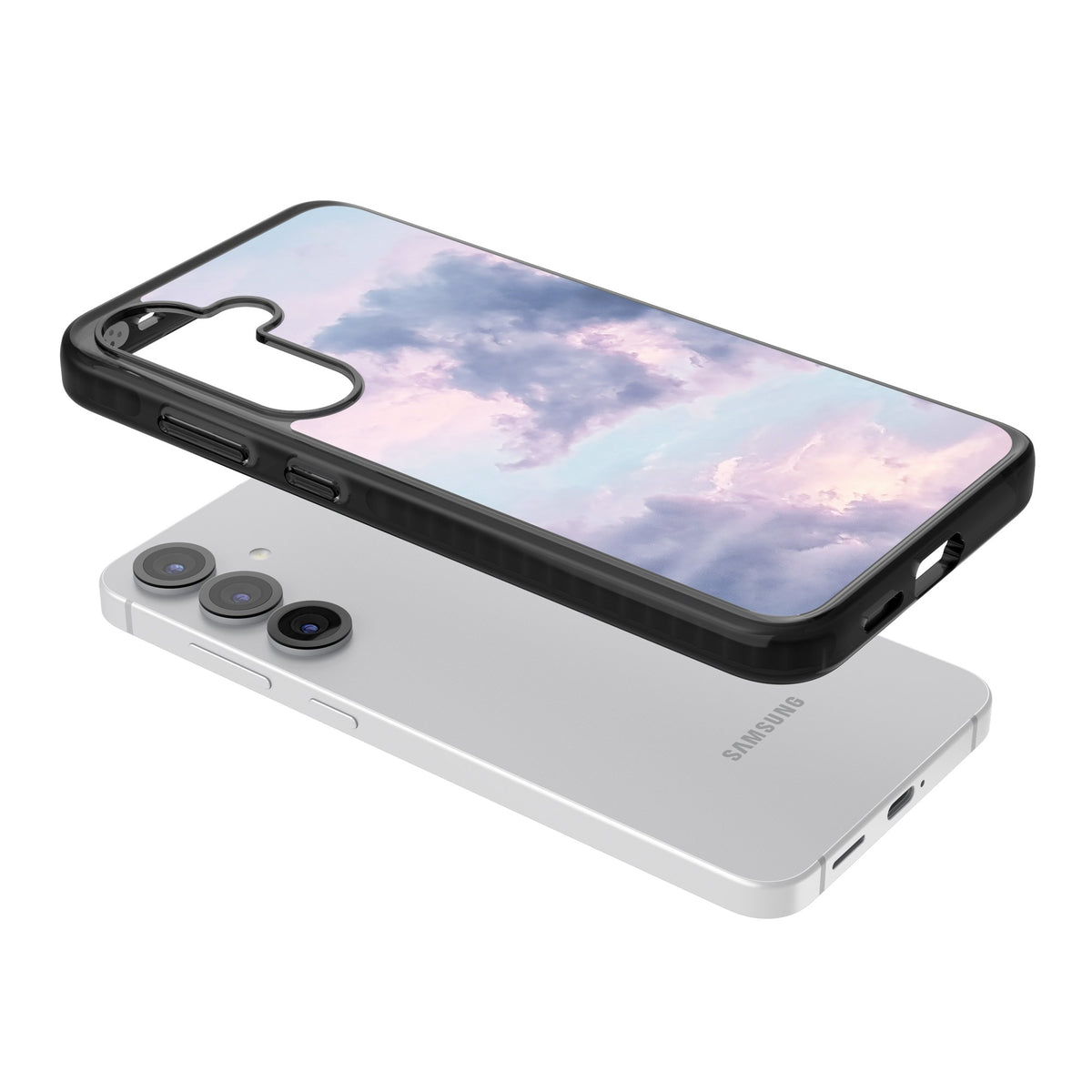 Lavender Clouds Samsung S25 / Samsung S25 Plus / Samsung S26 / Samsung S26 Plus Impact Black Phone Case angled