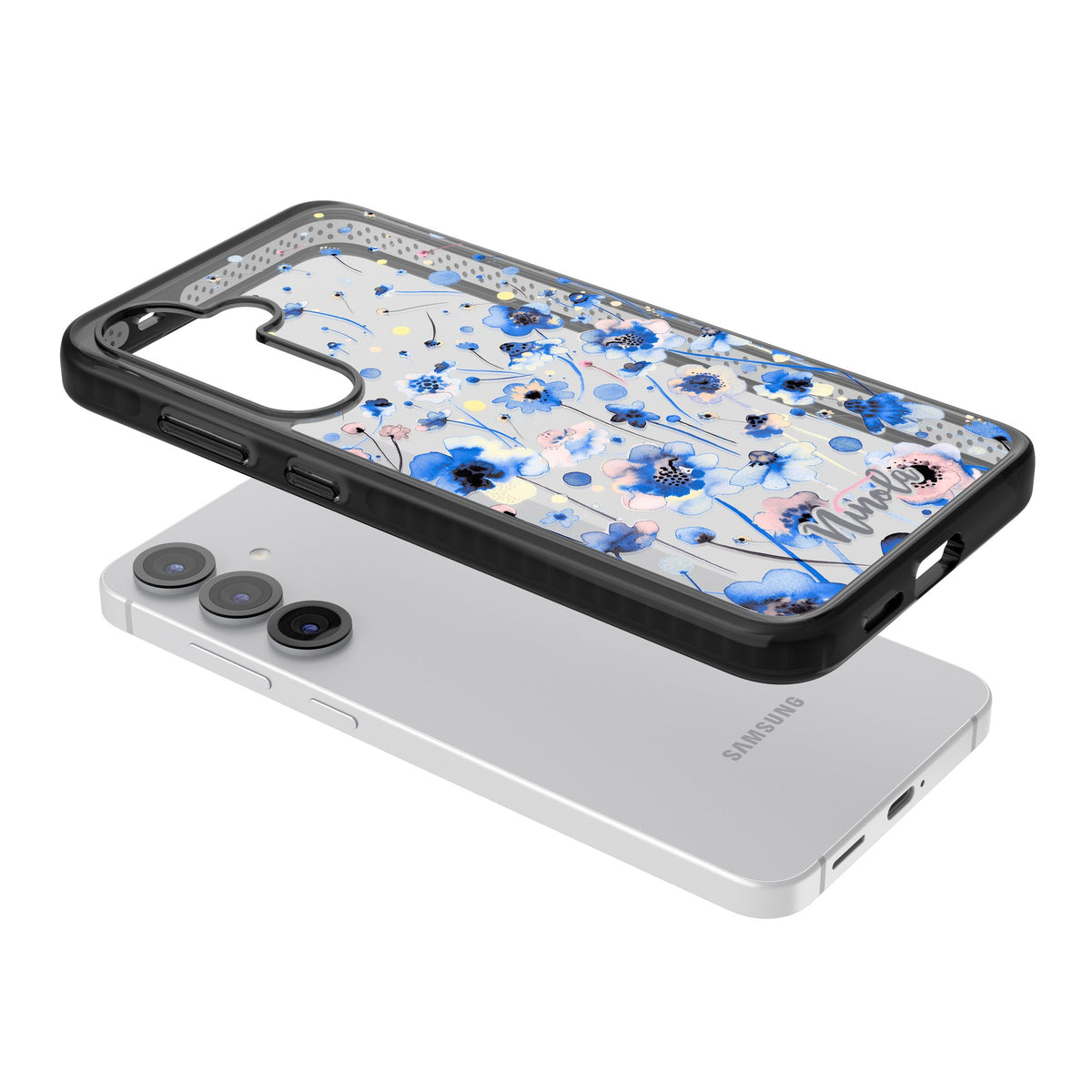 Ink Flowers Blue Samsung S25 / Samsung S25 Plus / Samsung S26 / Samsung S26 Plus Impact Black Phone Case angled