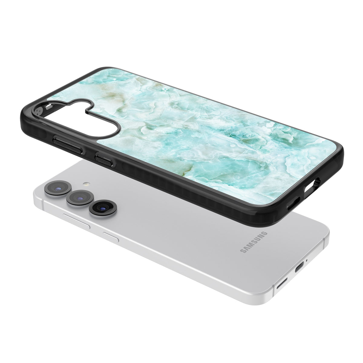 Aqua Onyx Marble Samsung S25 / Samsung S25 Plus / Samsung S26 / Samsung S26 Plus Impact Black Phone Case angled
