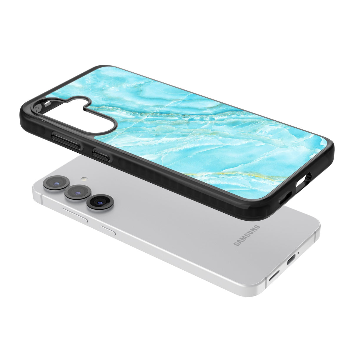 Blue Onyx Marble Samsung S25 / Samsung S25 Plus / Samsung S26 / Samsung S26 Plus Impact Black Phone Case angled