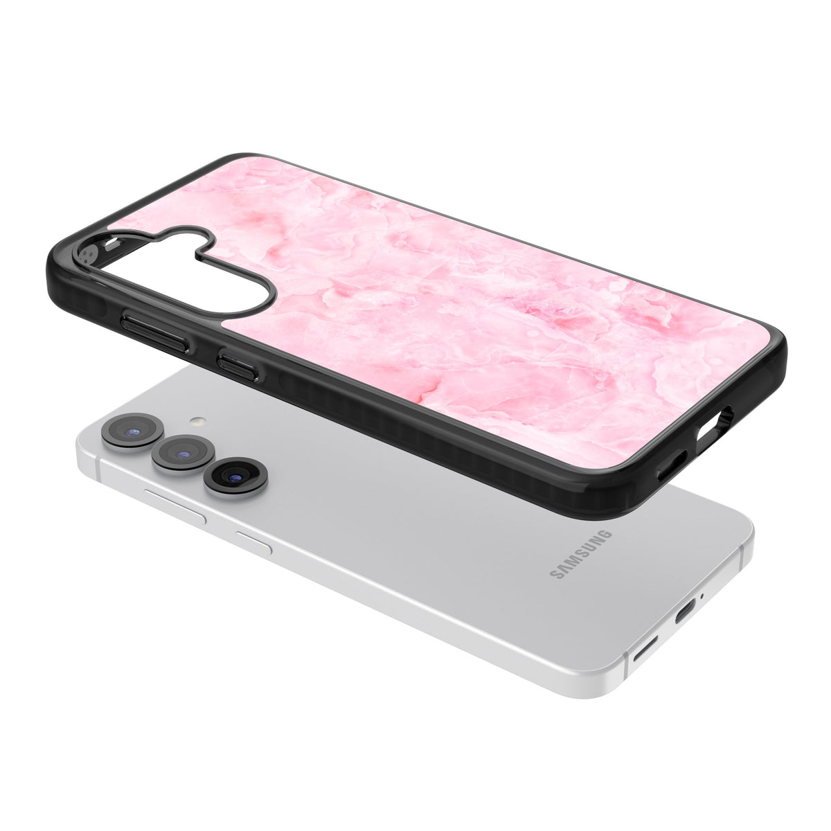 Pink Onyx Marble Samsung S25 / Samsung S25 Plus / Samsung S26 / Samsung S26 Plus Impact Black Phone Case angled