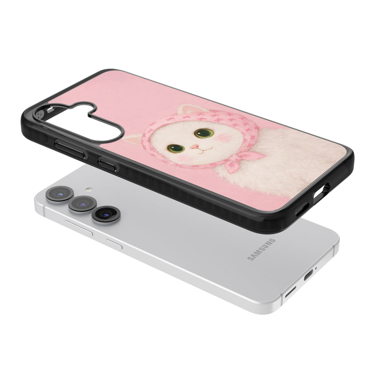 Baby Blush Kitty Samsung S25 / Samsung S25 Plus / Samsung S26 / Samsung S26 Plus Impact Black Phone Case angled