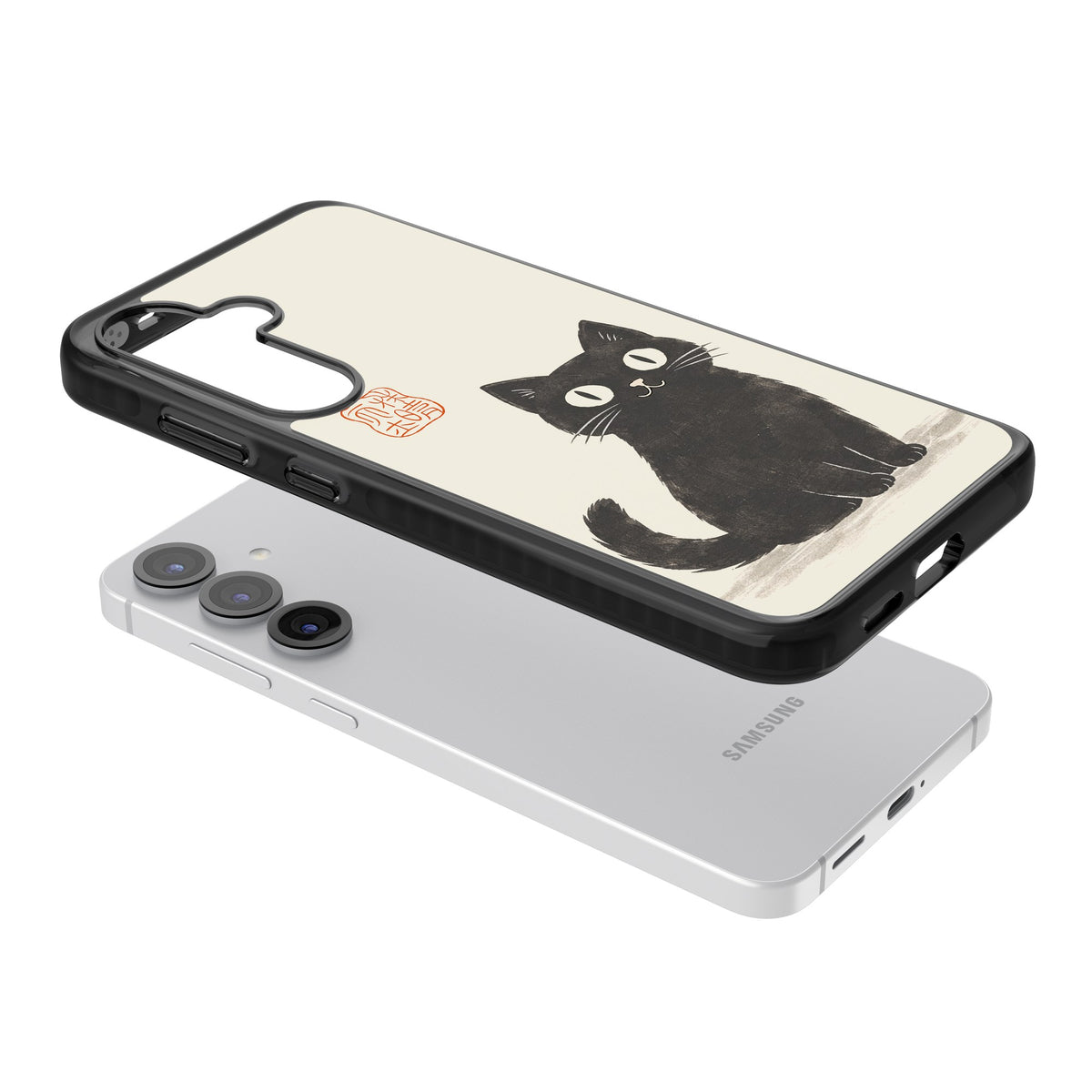 Black Ink Brushstroke Cat Samsung S25 / Samsung S25 Plus / Samsung S26 / Samsung S26 Plus Impact Black Phone Case angled