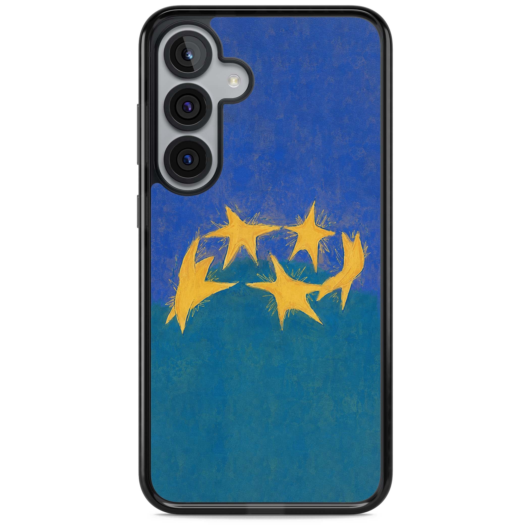 Star Boogie stars aesthetic iPhone case featuring five yellow hand-painted stars on cobalt blue and teal | Black Impact case for Samsung Galaxy S25, Samsung Galaxy S25 Plus