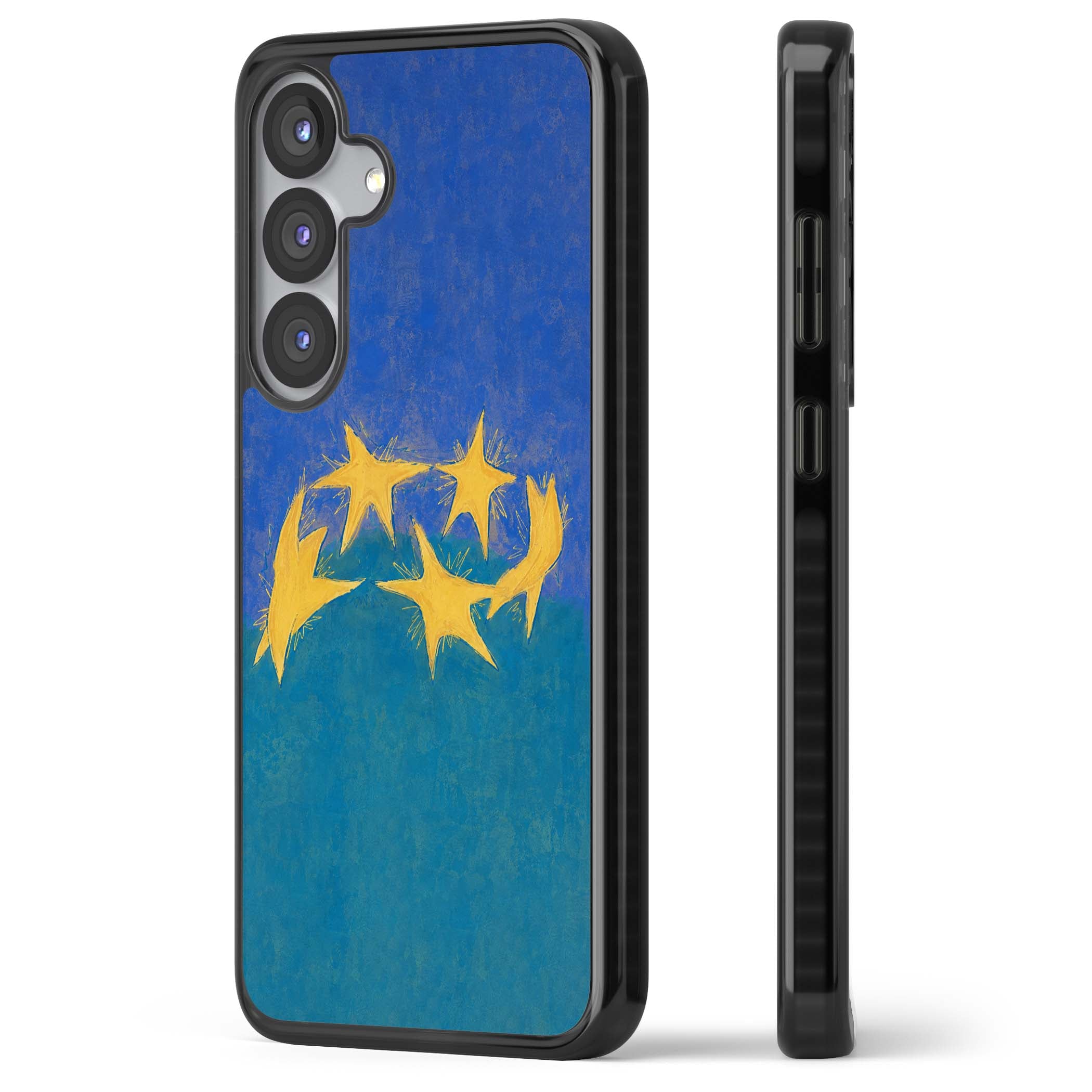 Star Boogie stars aesthetic iPhone case featuring five yellow hand-painted stars on cobalt blue and teal | Black Impact case for Samsung Galaxy S25, Samsung Galaxy S25 Plus