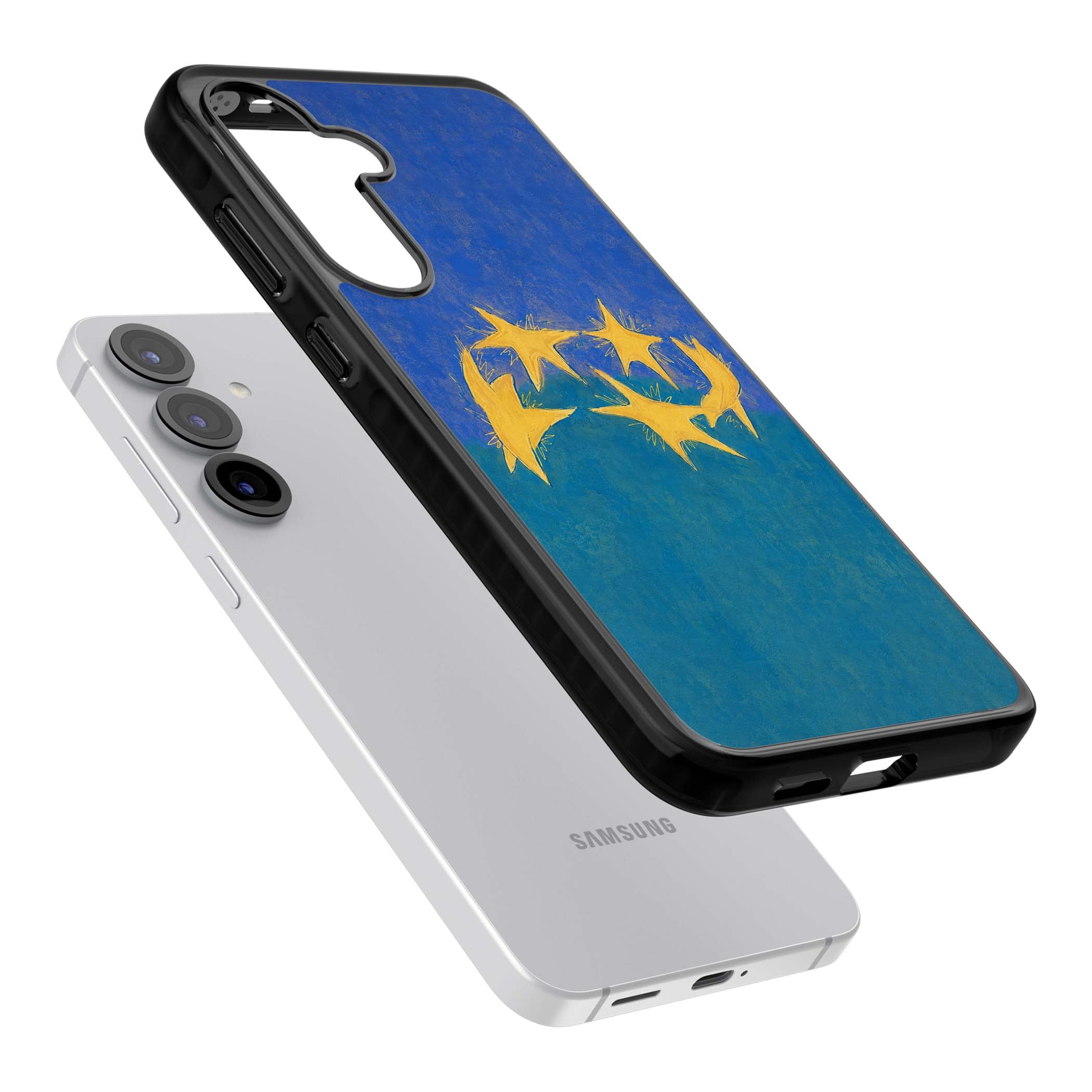 Star Boogie stars aesthetic iPhone case featuring five yellow hand-painted stars on cobalt blue and teal | Black Impact case for Samsung Galaxy S25, Samsung Galaxy S25 Plus