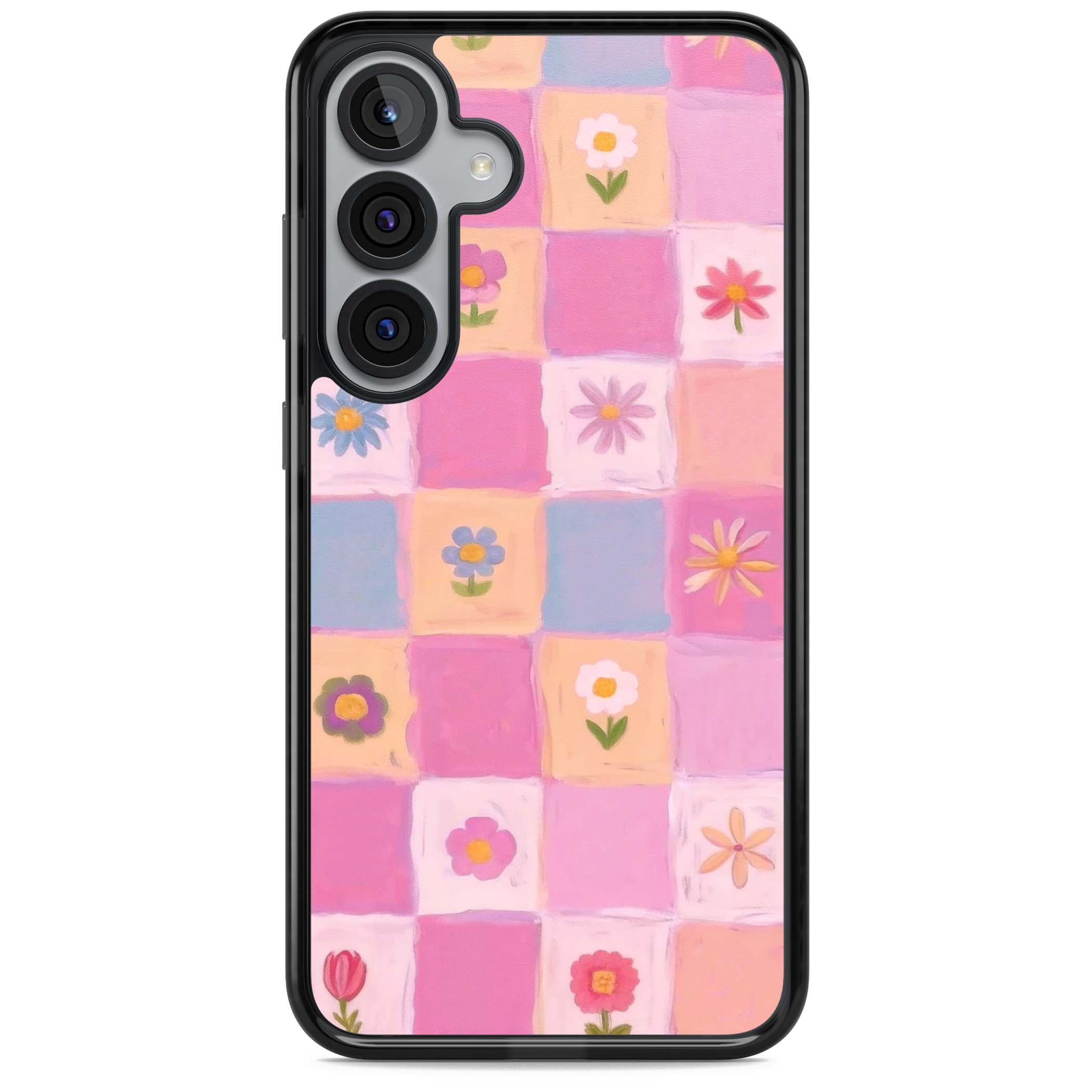 Pastel Flower Patchwork cottagecore iPhone case featuring painted pink and lilac squares with daisies and wildflowers | Black Impact case for Samsung Galaxy S25, Samsung Galaxy S25 Plus