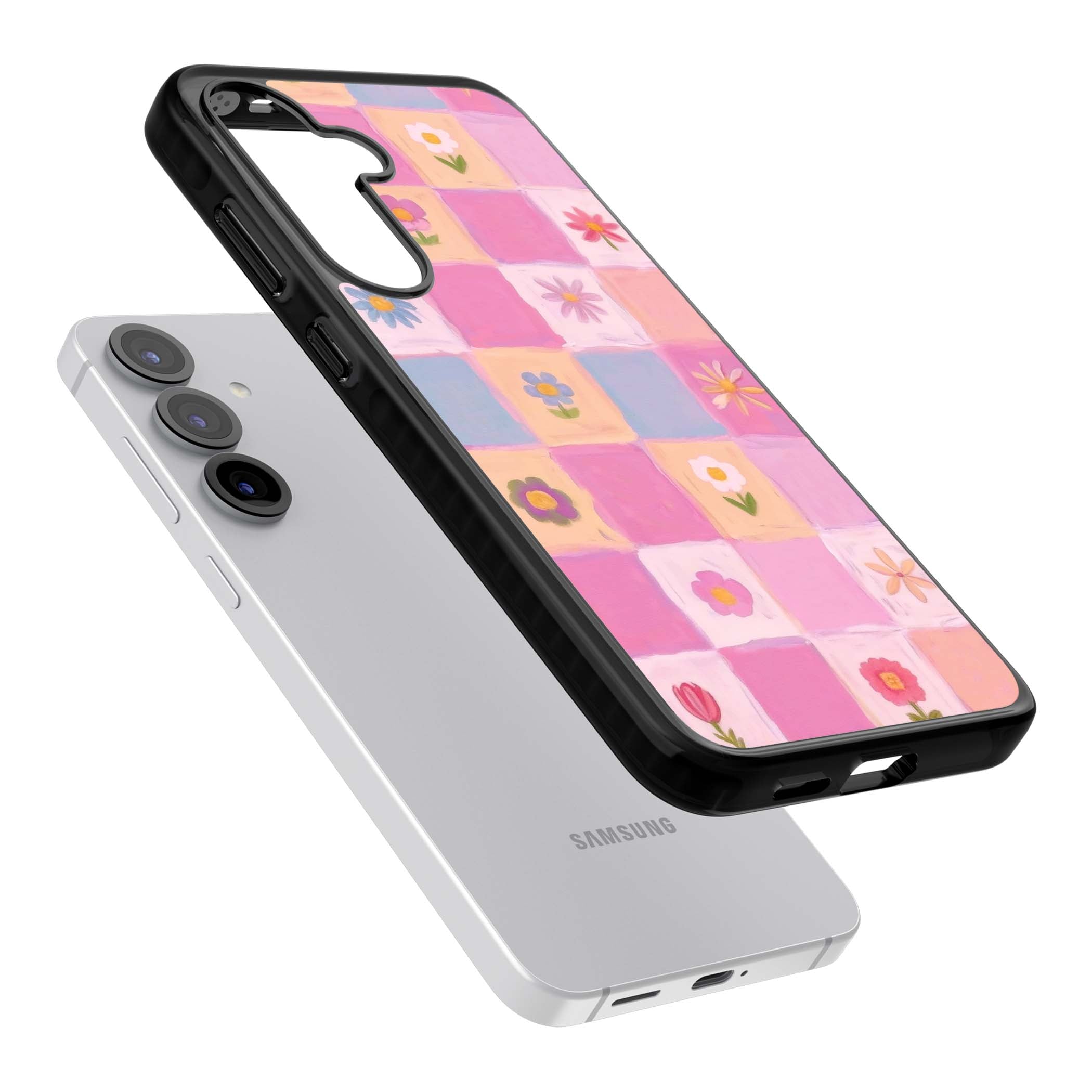 Pastel Flower Patchwork cottagecore iPhone case featuring painted pink and lilac squares with daisies and wildflowers | Black Impact case for Samsung Galaxy S25, Samsung Galaxy S25 Plus
