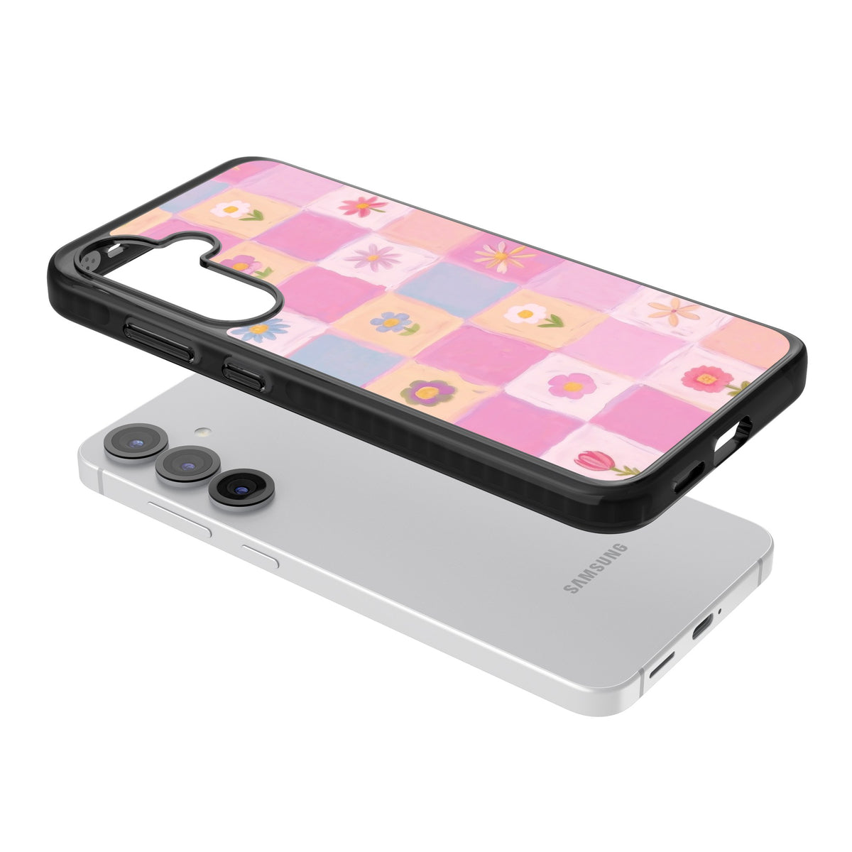 Pastel Flower Patchwork Samsung S25 / Samsung S25 Plus / Samsung S26 / Samsung S26 Plus Impact Black Phone Case angled