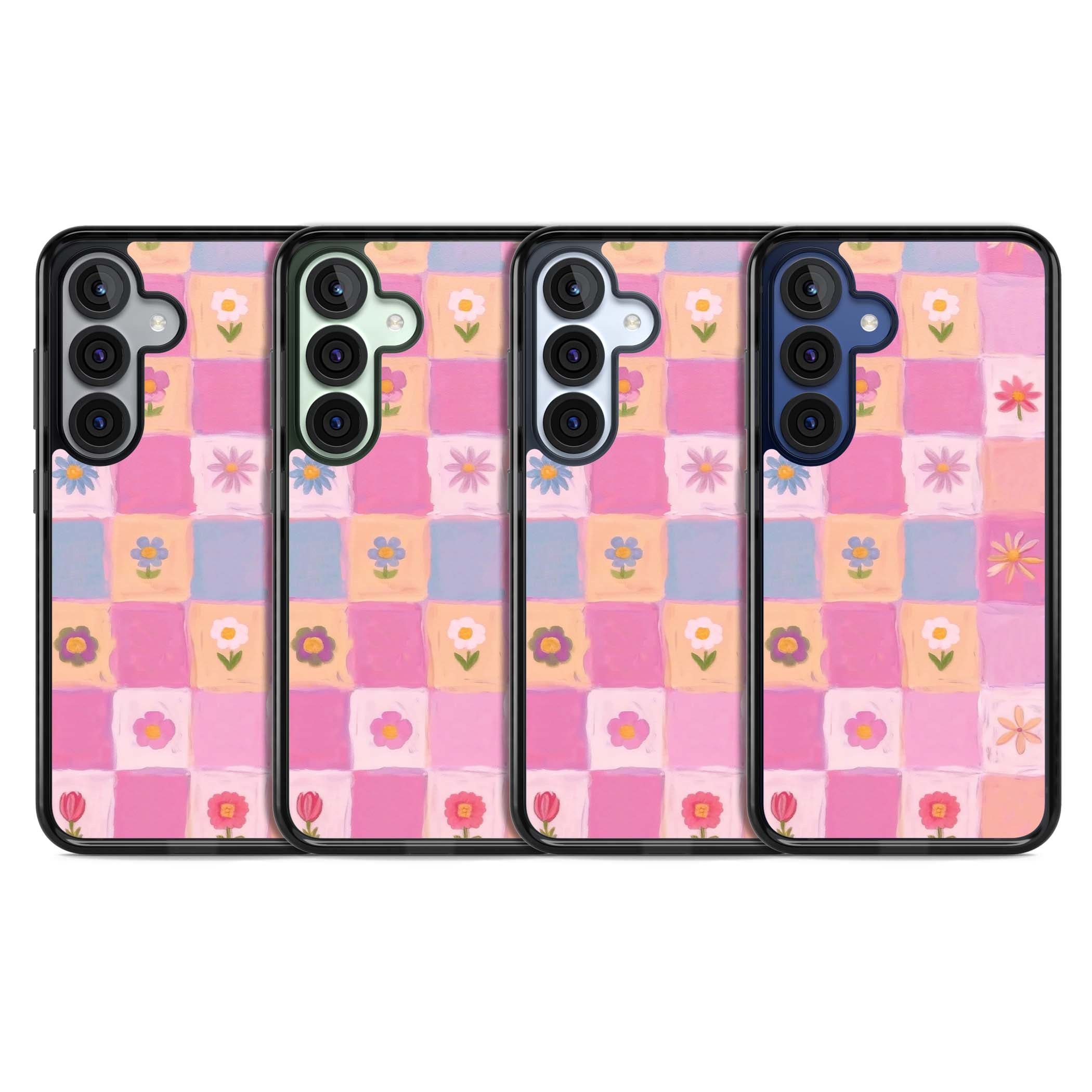 Pastel Flower Patchwork cottagecore iPhone case featuring painted pink and lilac squares with daisies and wildflowers | Black Impact case for Samsung Galaxy S25, Samsung Galaxy S25 Plus