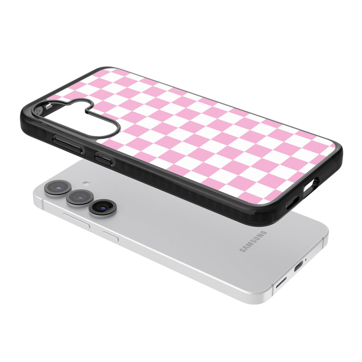Pink Checkerboard Samsung S25 / Samsung S25 Plus / Samsung S26 / Samsung S26 Plus Impact Black Phone Case angled