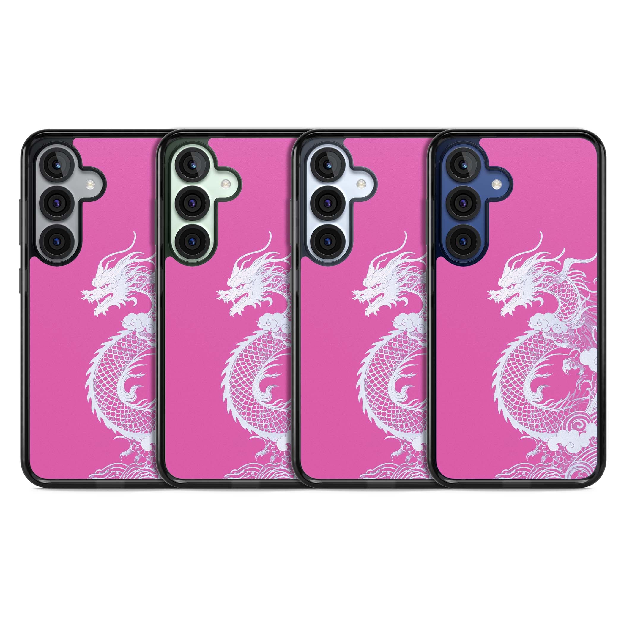 Pink Empress chinese dragon iPhone case featuring a white dragon, swirling clouds and pink dragon wallpaper backdrop | Black Impact case for Samsung Galaxy S25, Samsung Galaxy S25 Plus
