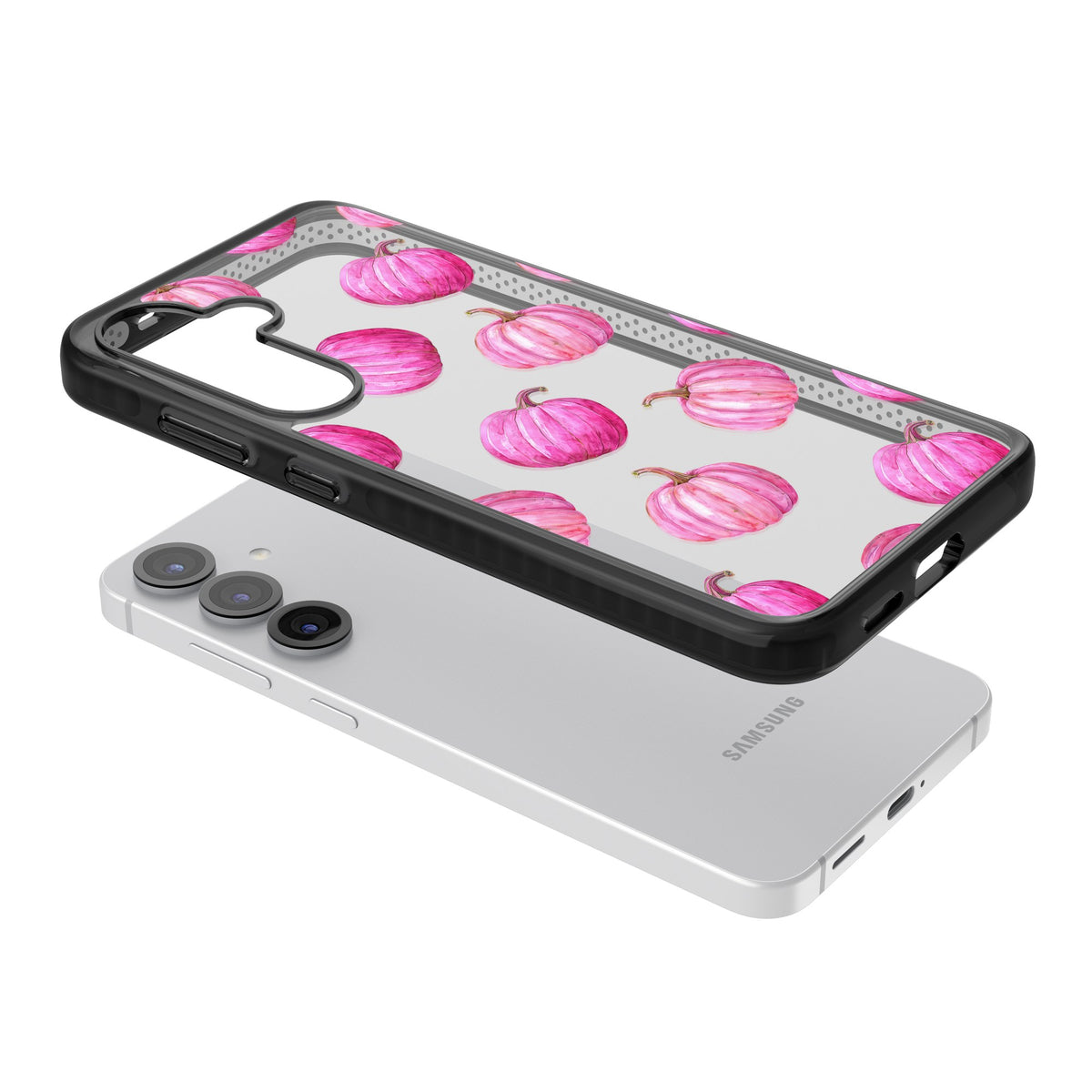 Pink Pumpkins Samsung S25 / Samsung S25 Plus / Samsung S26 / Samsung S26 Plus Impact Black Phone Case angled