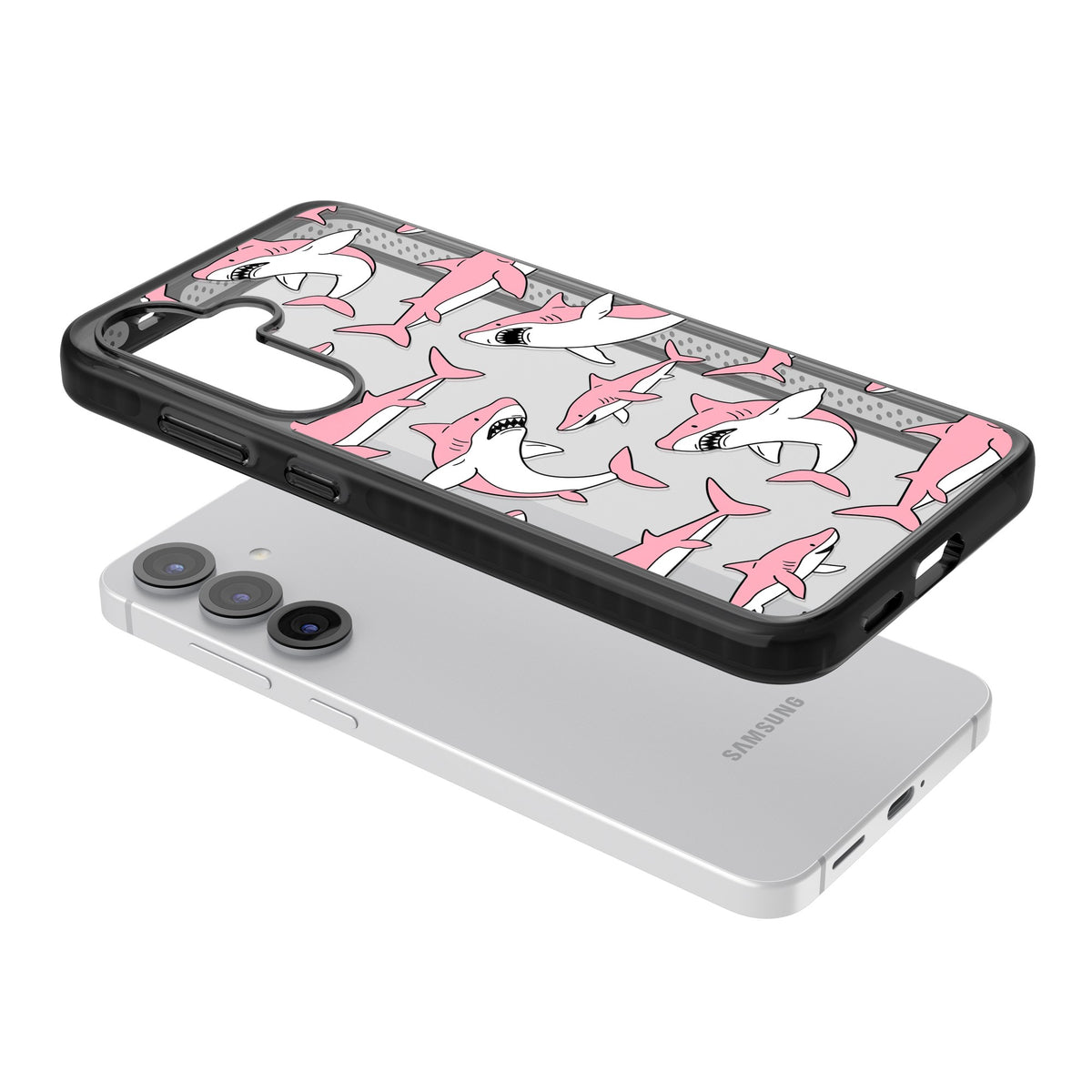 Bubblegum Sharks Samsung S25 / Samsung S25 Plus / Samsung S26 / Samsung S26 Plus Impact Black Phone Case angled