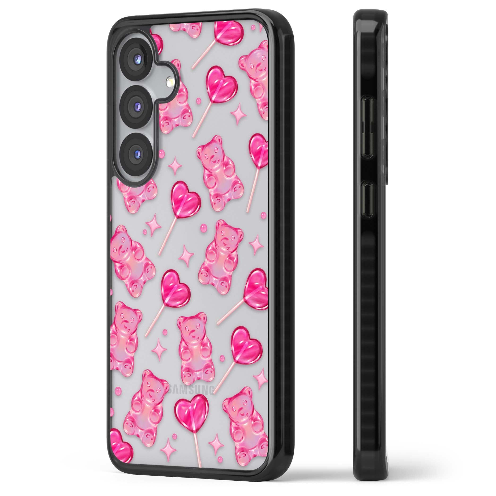 Pink Sugar pinkcore iPhone case featuring pink gummy bears, heart-shaped lollipops and sparkle stars | Black Impact case for Samsung Galaxy S25, Samsung Galaxy S25 Plus