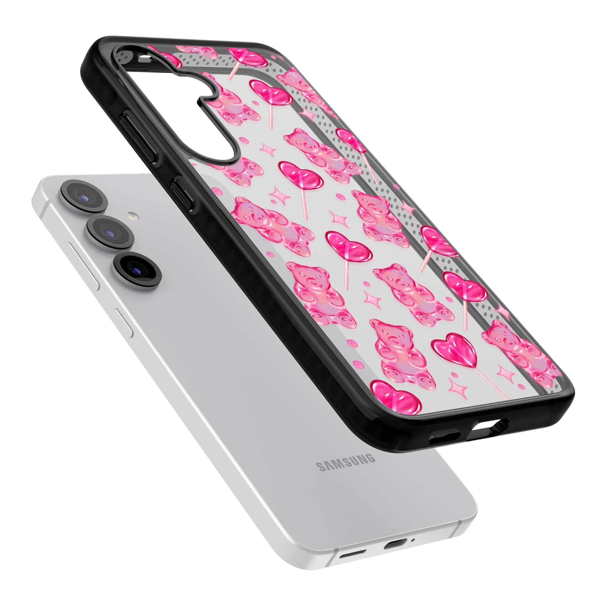 Pink Sugar pinkcore iPhone case featuring pink gummy bears, heart-shaped lollipops and sparkle stars | Black Impact case for Samsung Galaxy S25, Samsung Galaxy S25 Plus