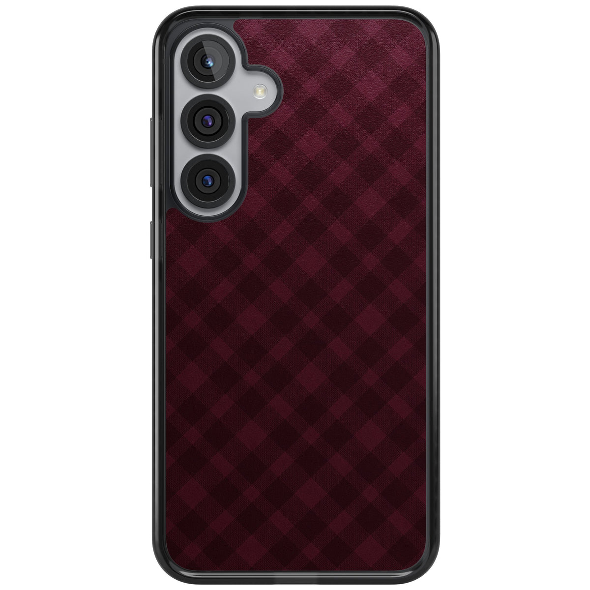Mulled Wine preppy iPhone case featuring burgundy gingham checks, diagonal plaid lines and a soft woven texture Samsung S25 Plus / Samsung S26 / Samsung S26 Plus Impact Black Phone Case front