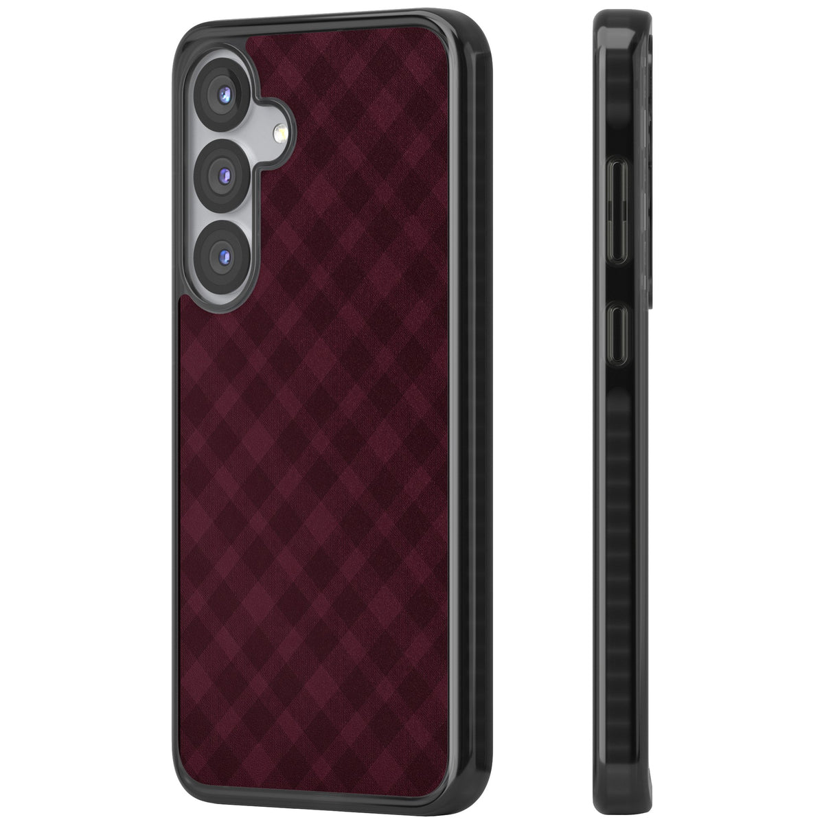 Mulled Wine preppy iPhone case featuring burgundy gingham checks, diagonal plaid lines and a soft woven texture Samsung S25 / Samsung S25 Plus / Samsung S26 / Samsung S26 Plus Impact Black Phone Case side