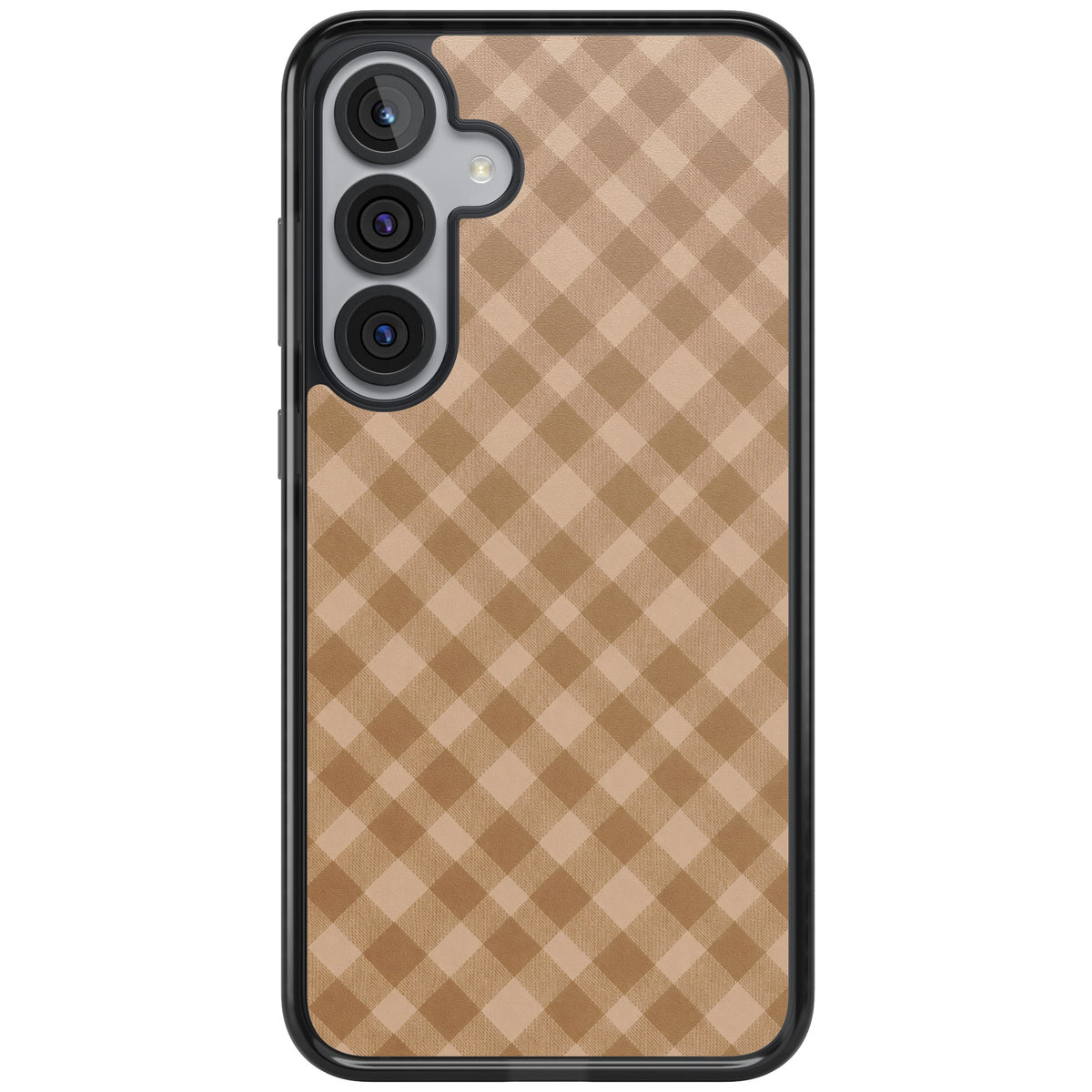Beige Gingham cottagecore iPhone case featuring diagonal brown gingham checks in soft beige and toffee tones Samsung S25 Plus / Samsung S26 / Samsung S26 Plus Impact Black Phone Case front