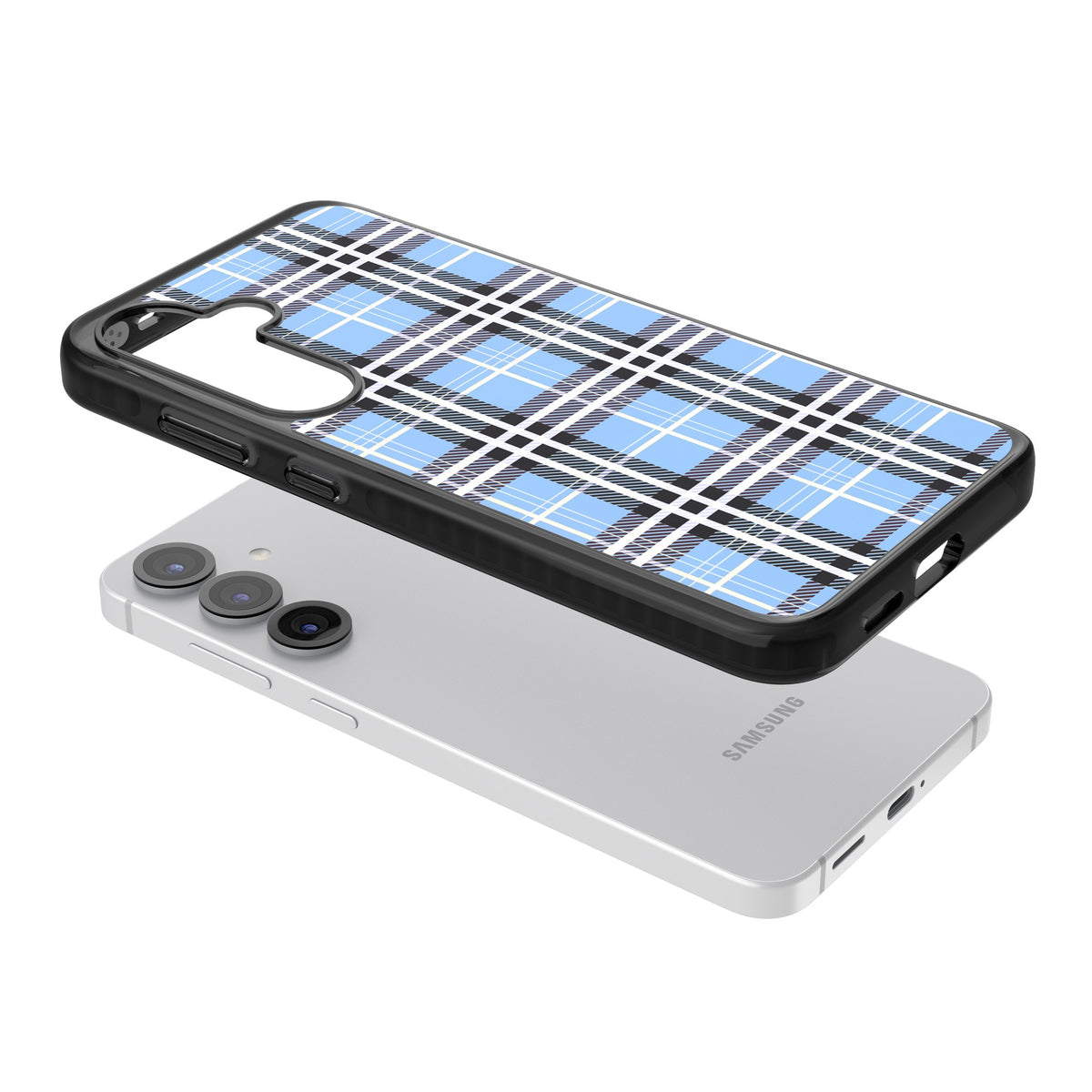 Blue Plaid Samsung S25 / Samsung S25 Plus / Samsung S26 / Samsung S26 Plus Impact Black Phone Case angled